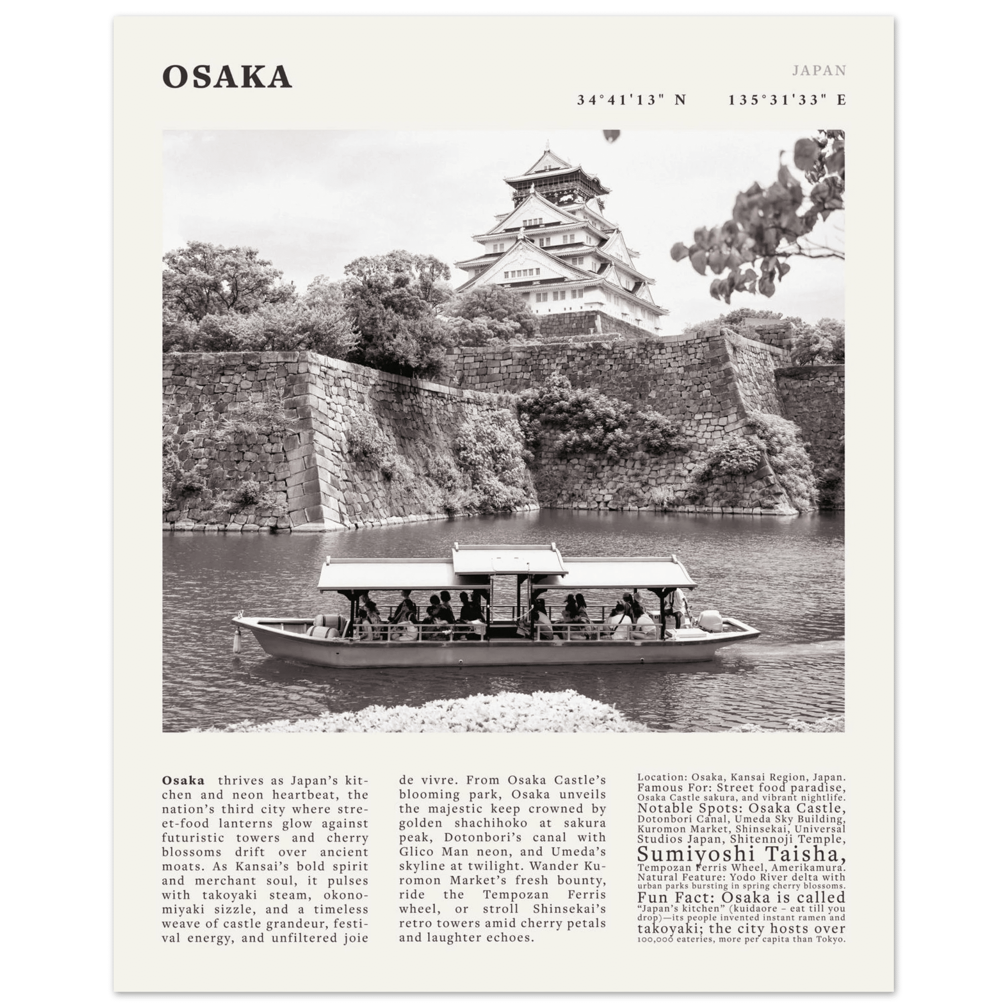 Osaka Poster Black and White – Vintage Osaka Castle Cherry Blossom Print (Digital & Printed Options) - Evergreen Posters
