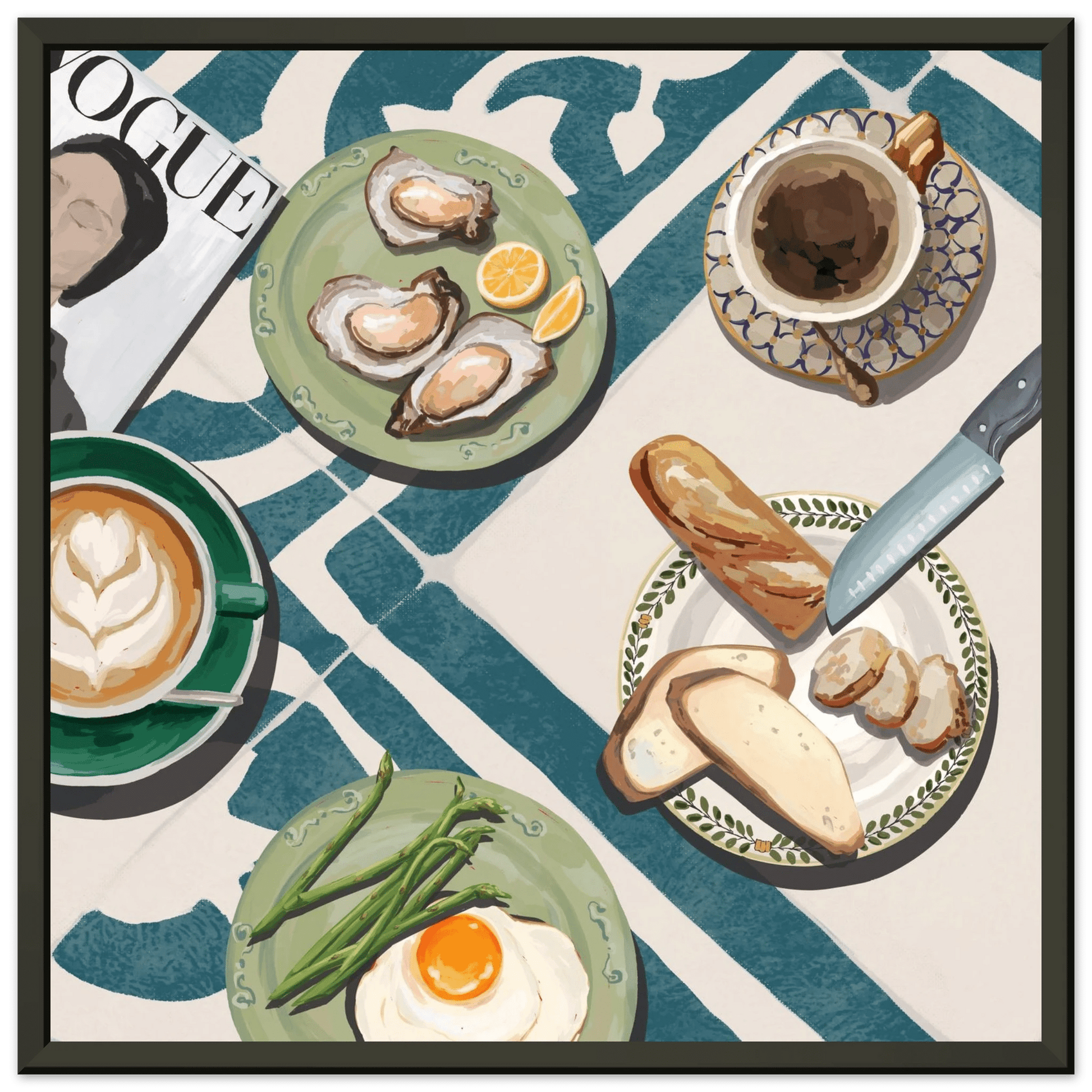 Oysters & Vogue Brunch Poster | Luxury Kitchen Wall Art | Blue Tile Square Print - Evergreen Posters - 7