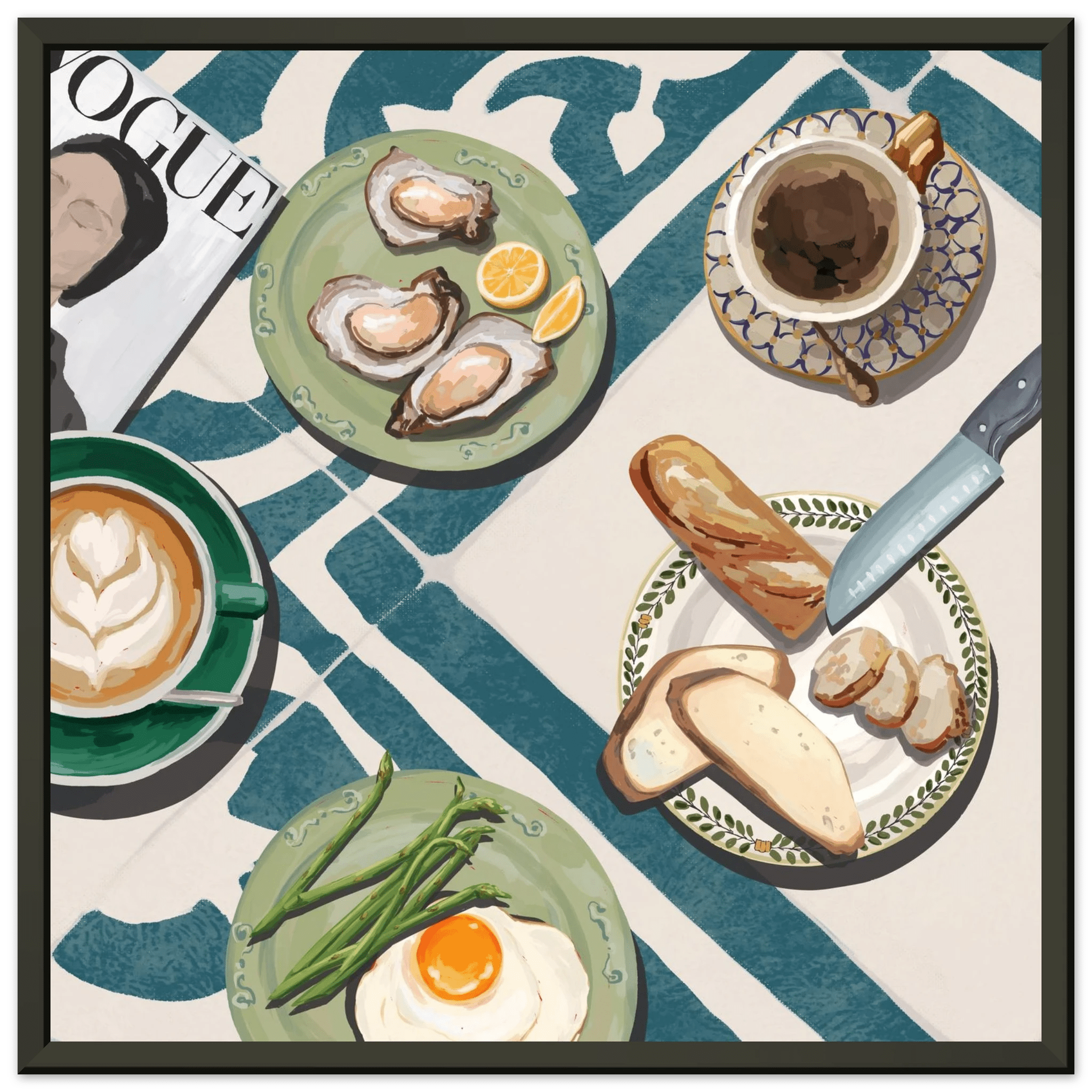 Oysters & Vogue Brunch Poster | Luxury Kitchen Wall Art | Blue Tile Square Print - Evergreen Posters - 7