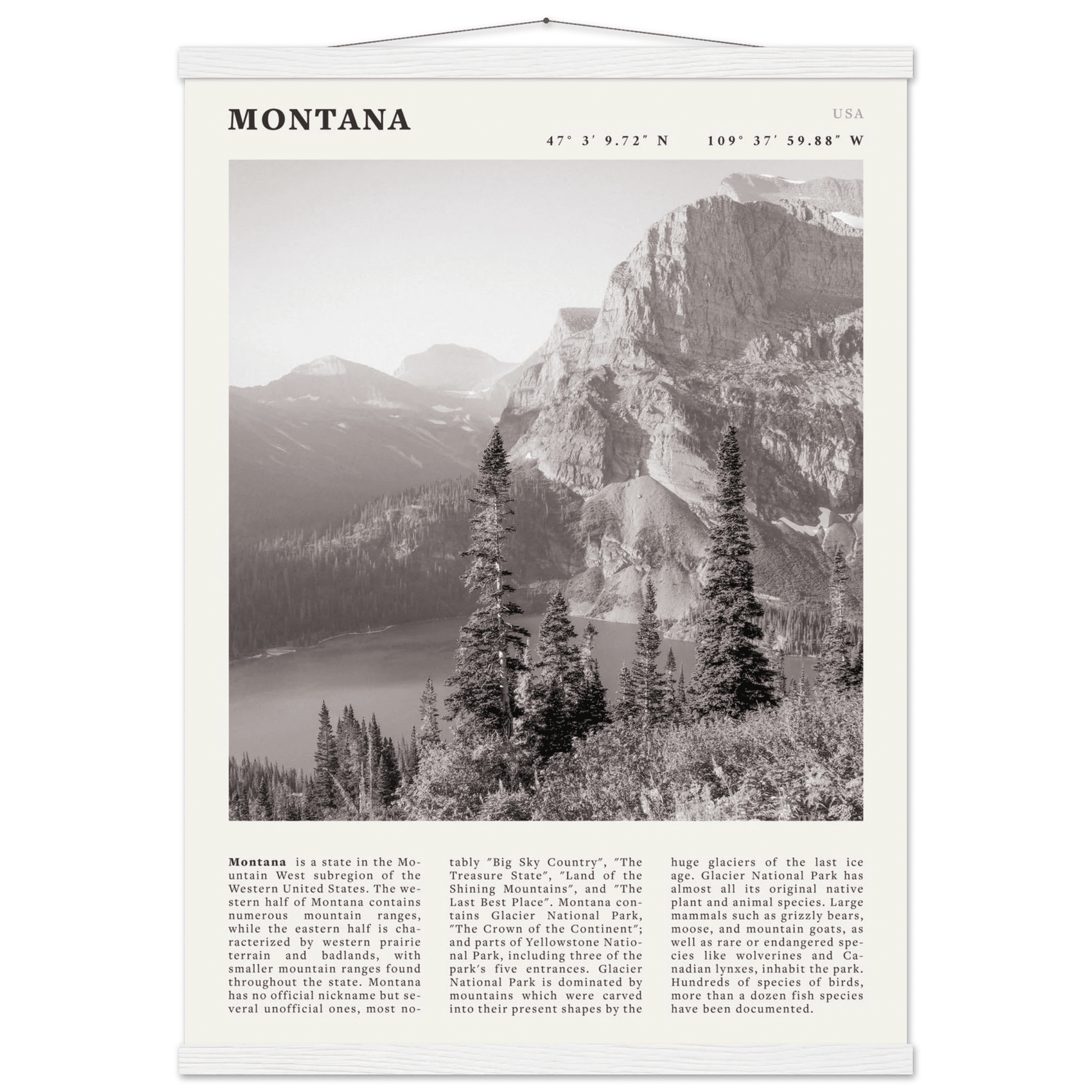 Montana Poster | Black & White Glacier National Park Wall Art | Nature Travel Print - Evergreen Posters