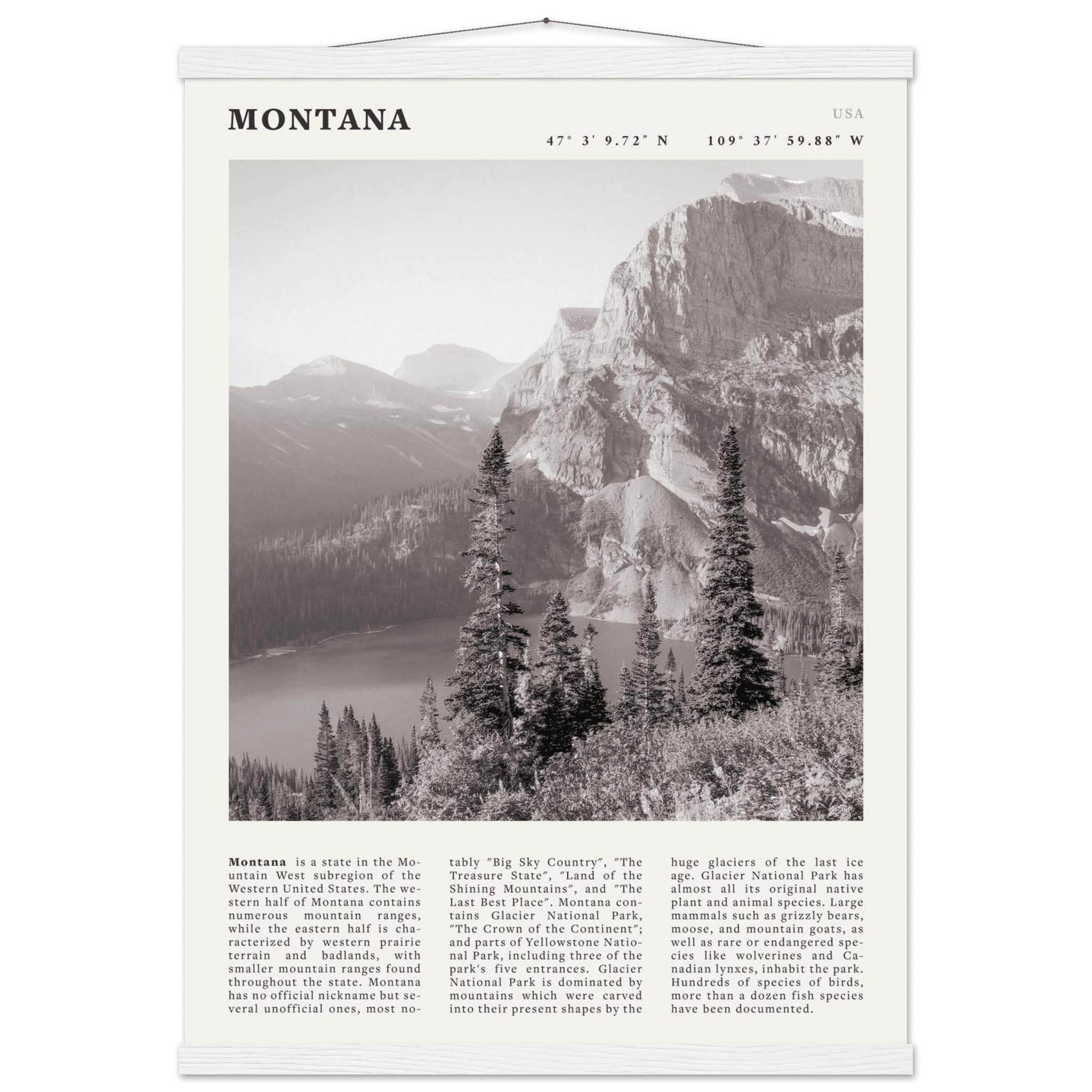 Montana Poster | Black & White Glacier National Park Wall Art | Nature Travel Print - Evergreen Posters