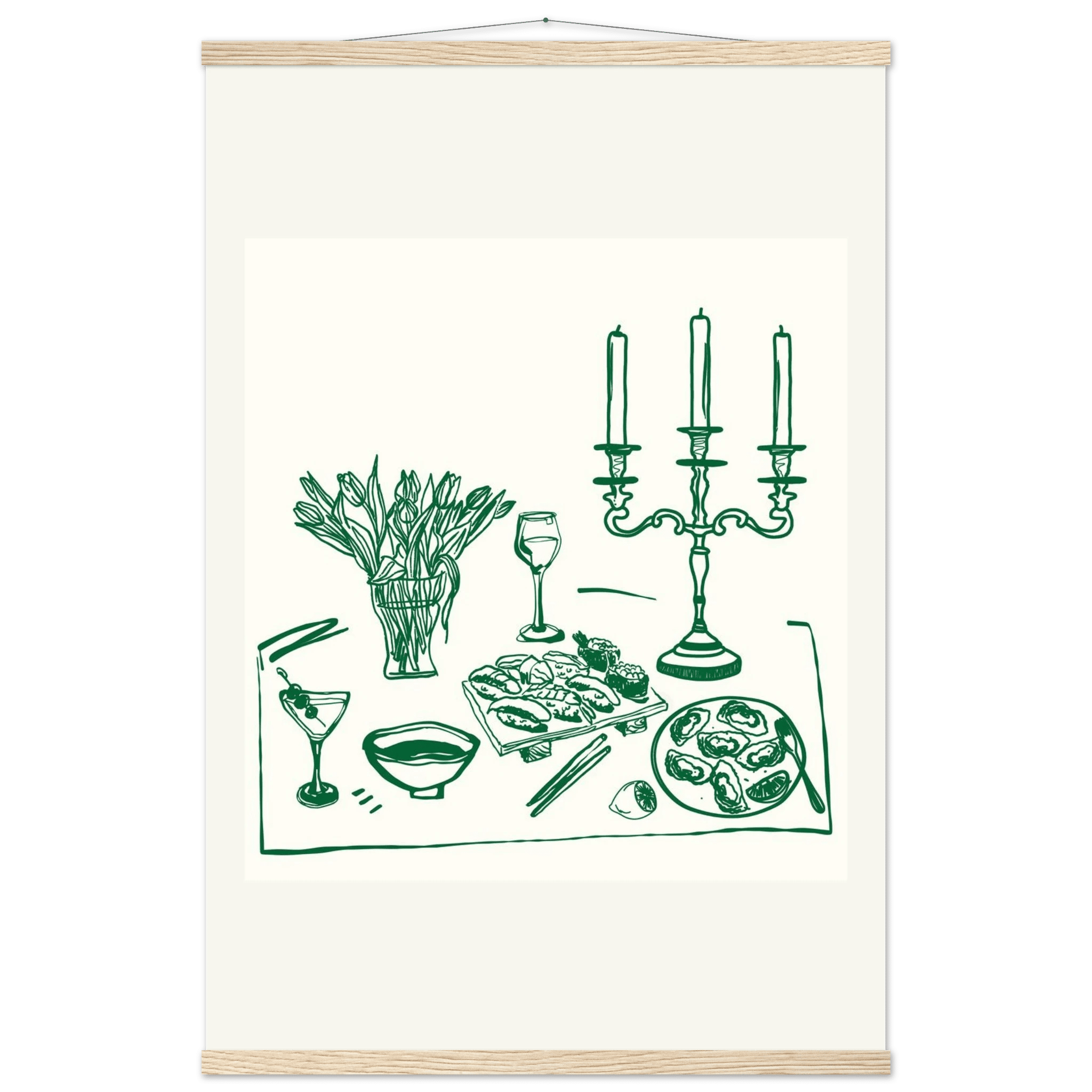 Fine Dining Table Print | Green Line Art Kitchen Wall Art | Elegant Dining Room Poster - Evergreen Posters