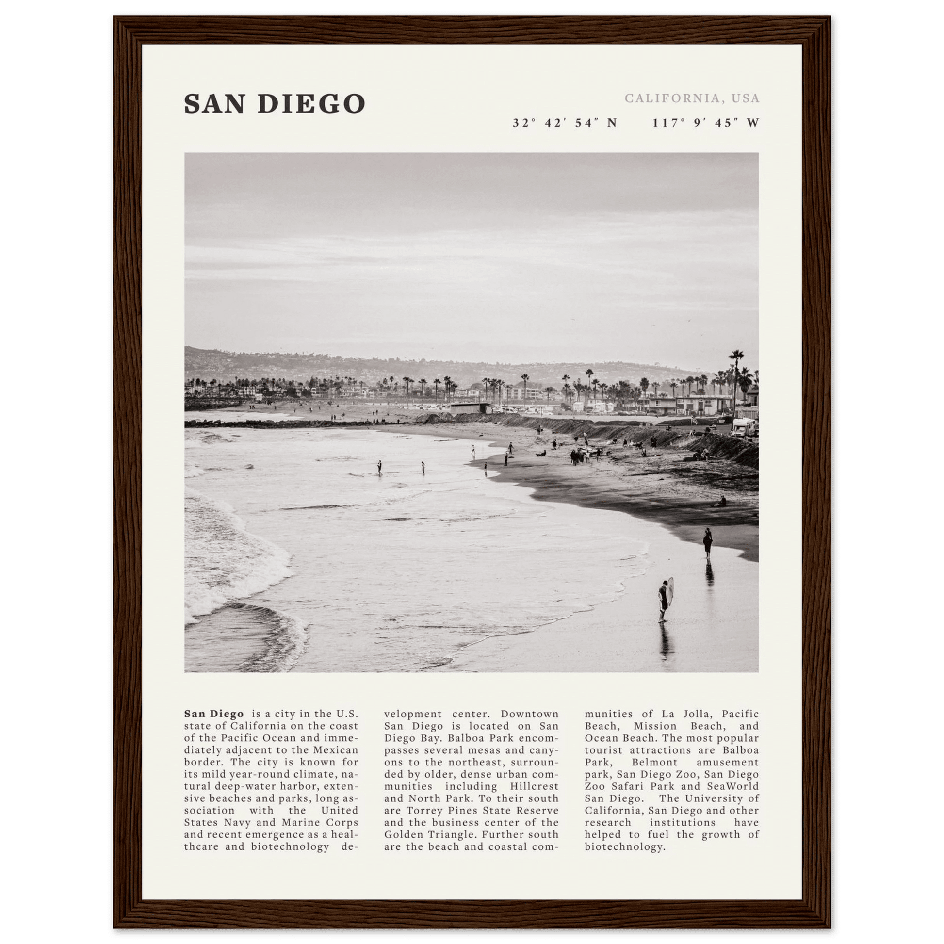 San Diego Poster | Black & White California Beach Wall Art | Coastal Travel Print Decor - Evergreen Posters