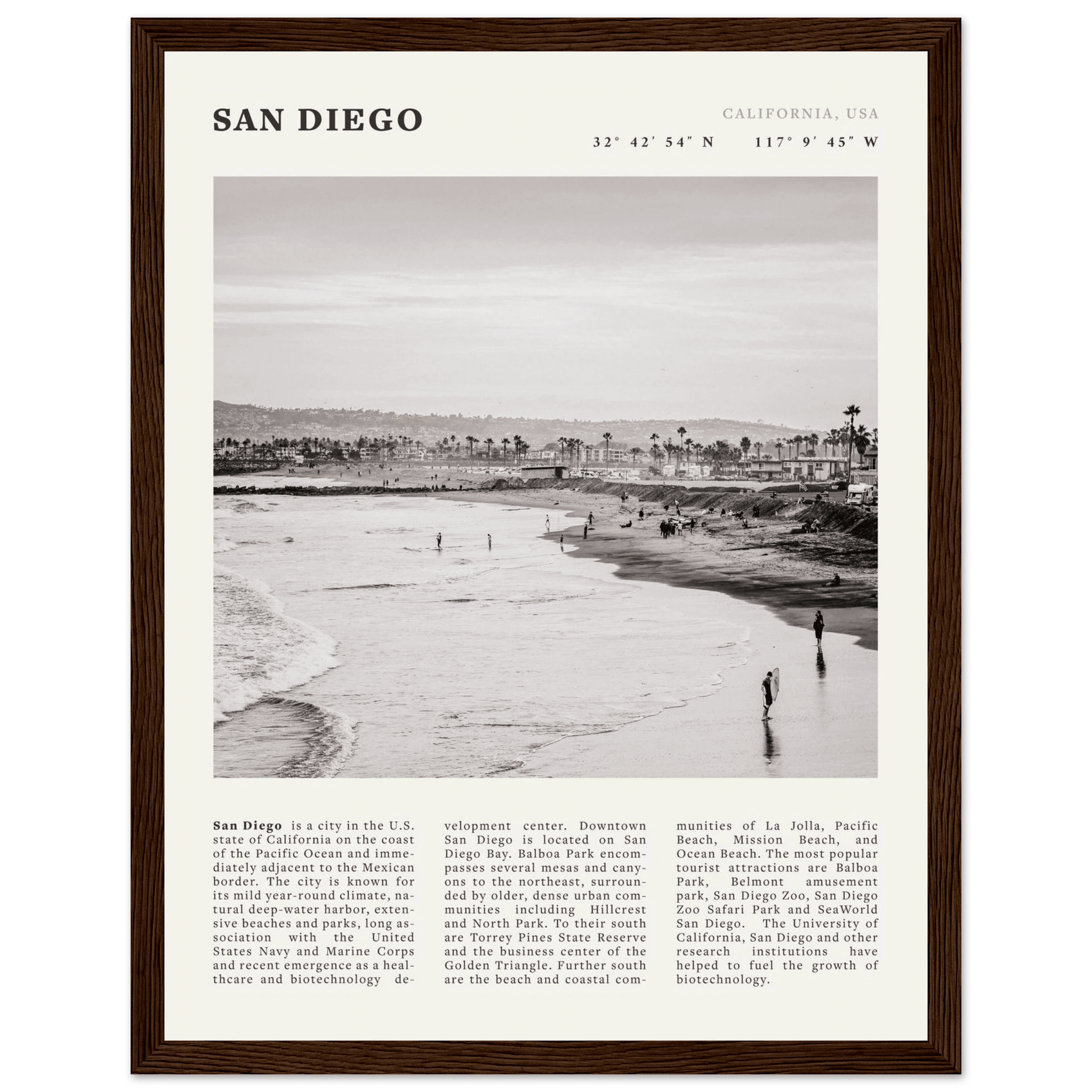 San Diego Poster | Black & White California Beach Wall Art | Coastal Travel Print Decor - Evergreen Posters