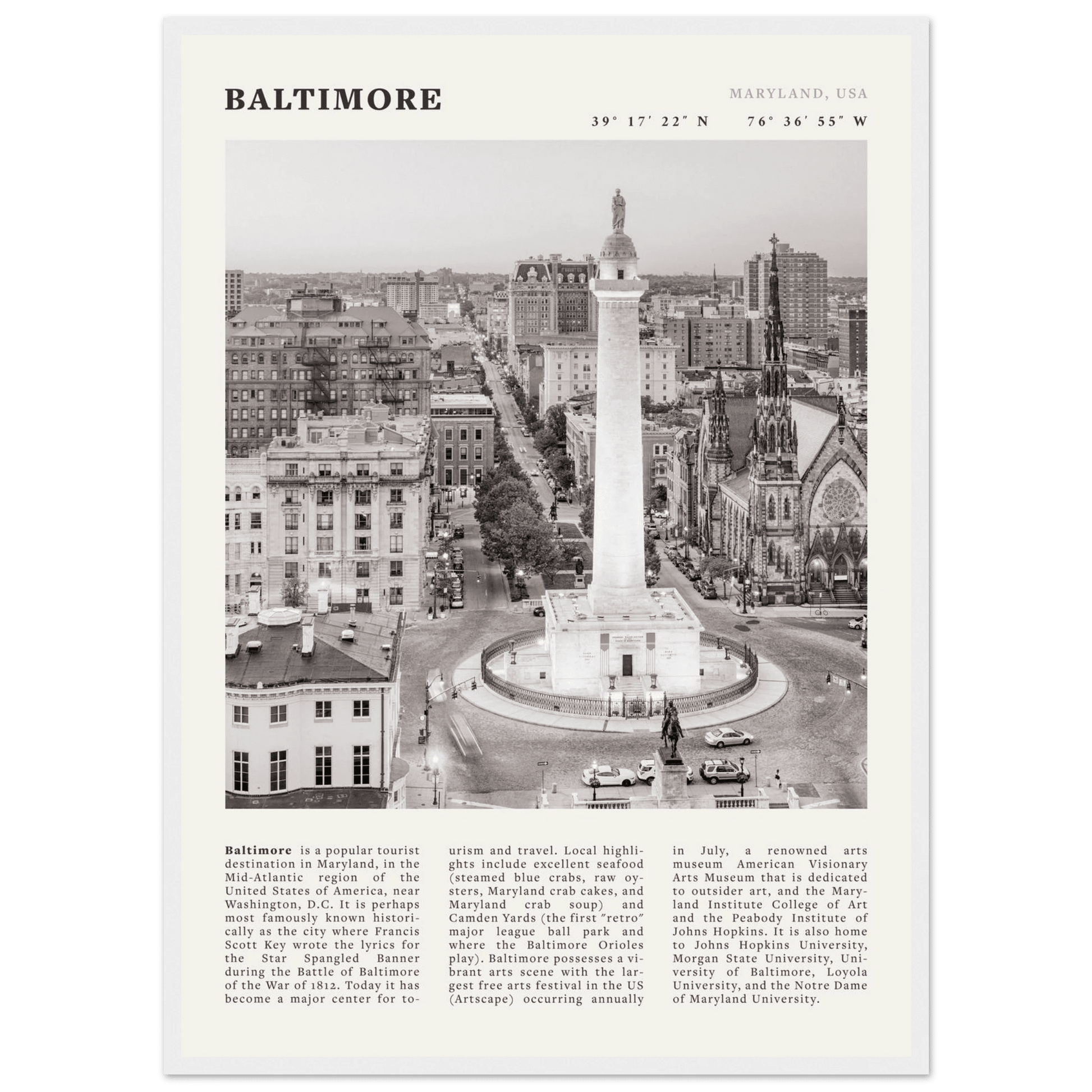 Baltimore Poster | Black & White Maryland City Wall Art | USA Travel Print - Evergreen Posters