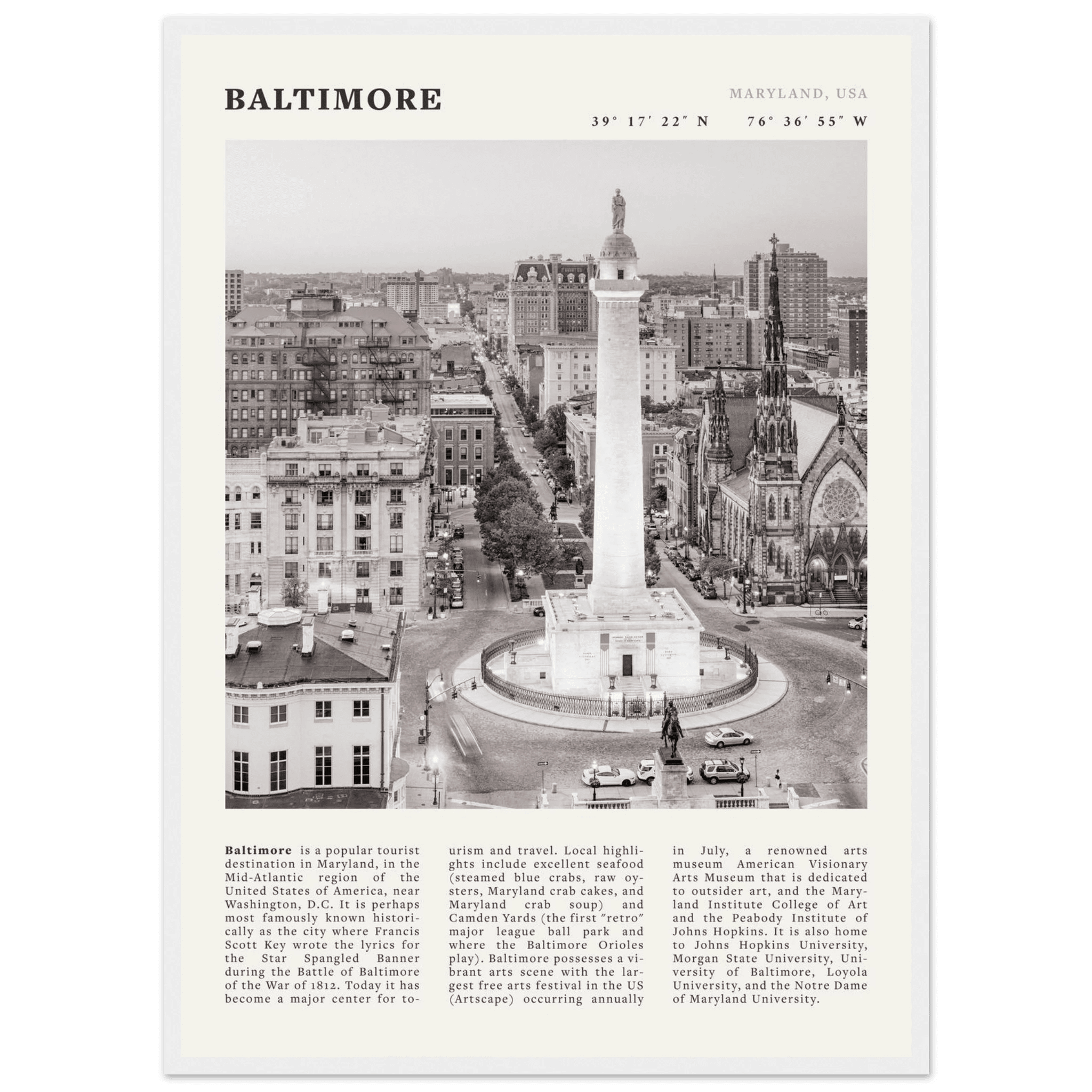 Baltimore Poster | Black & White Maryland City Wall Art | USA Travel Print - Evergreen Posters