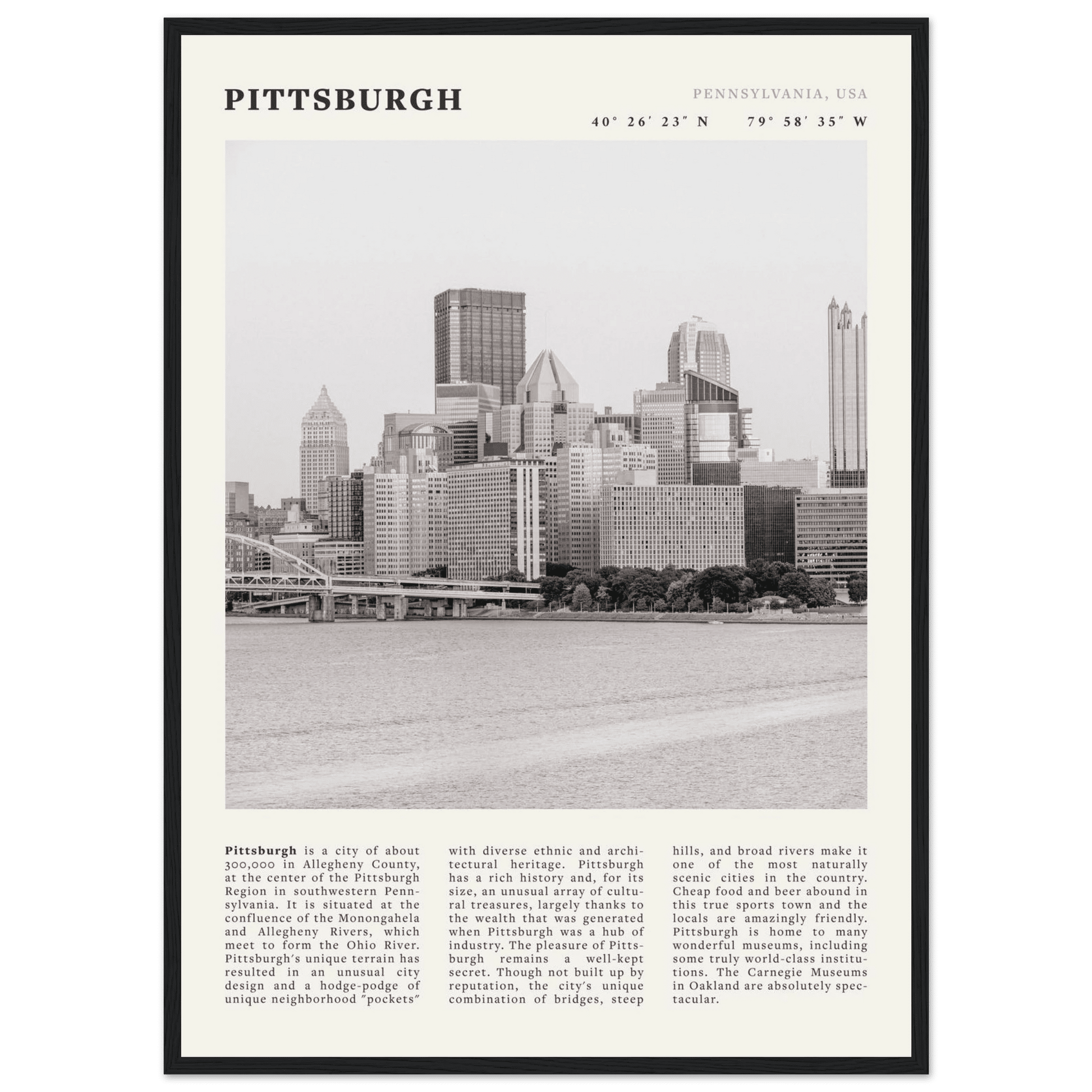 Pittsburgh Poster | Black & White Pennsylvania Skyline Wall Art | PA Travel Print - Evergreen Posters