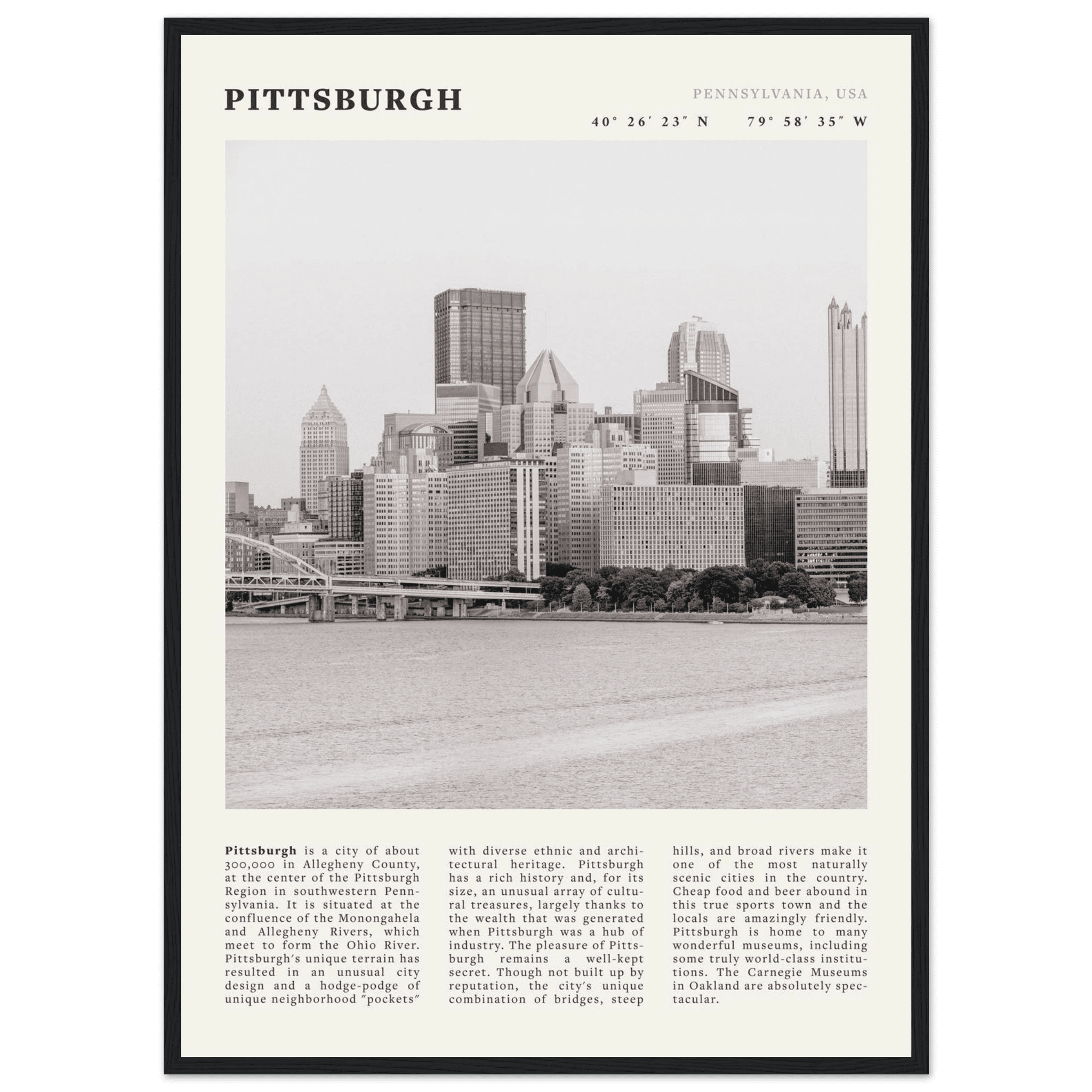 Pittsburgh Poster | Black & White Pennsylvania Skyline Wall Art | PA Travel Print - Evergreen Posters