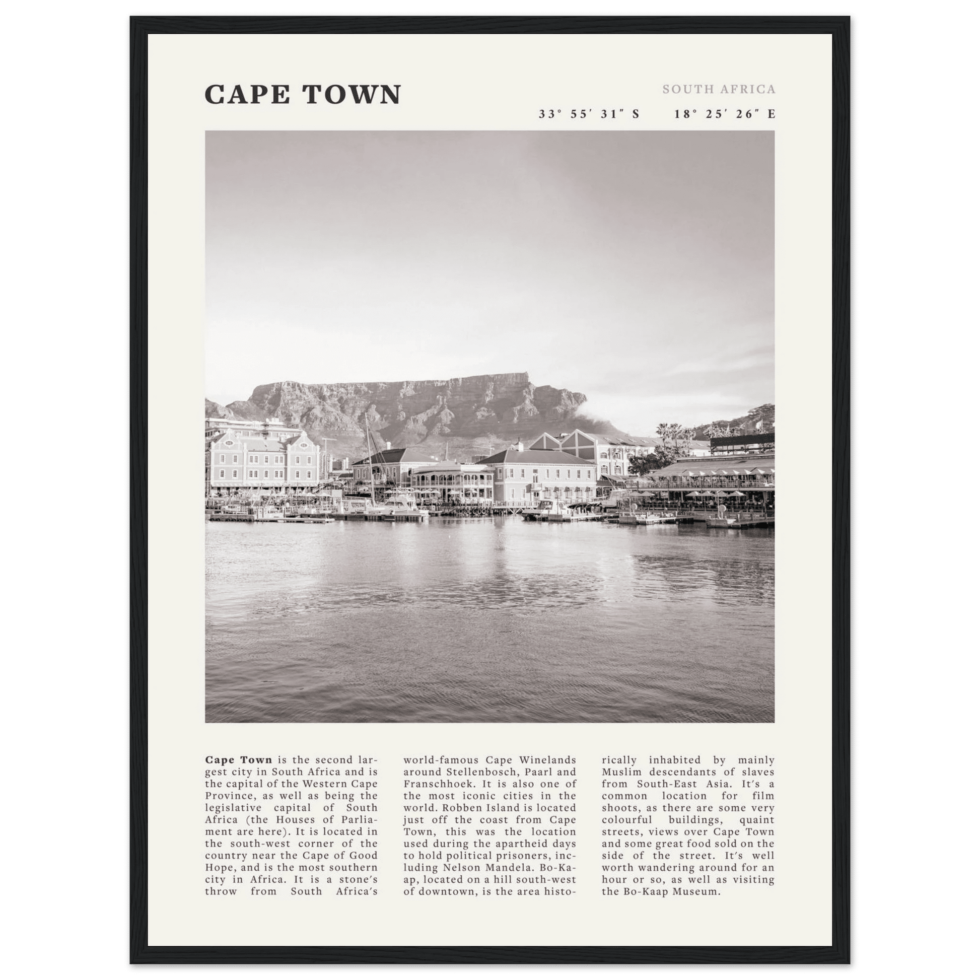 Cape Town Poster | Black & White Table Mountain Wall Art | South Africa Travel Print - Evergreen Posters