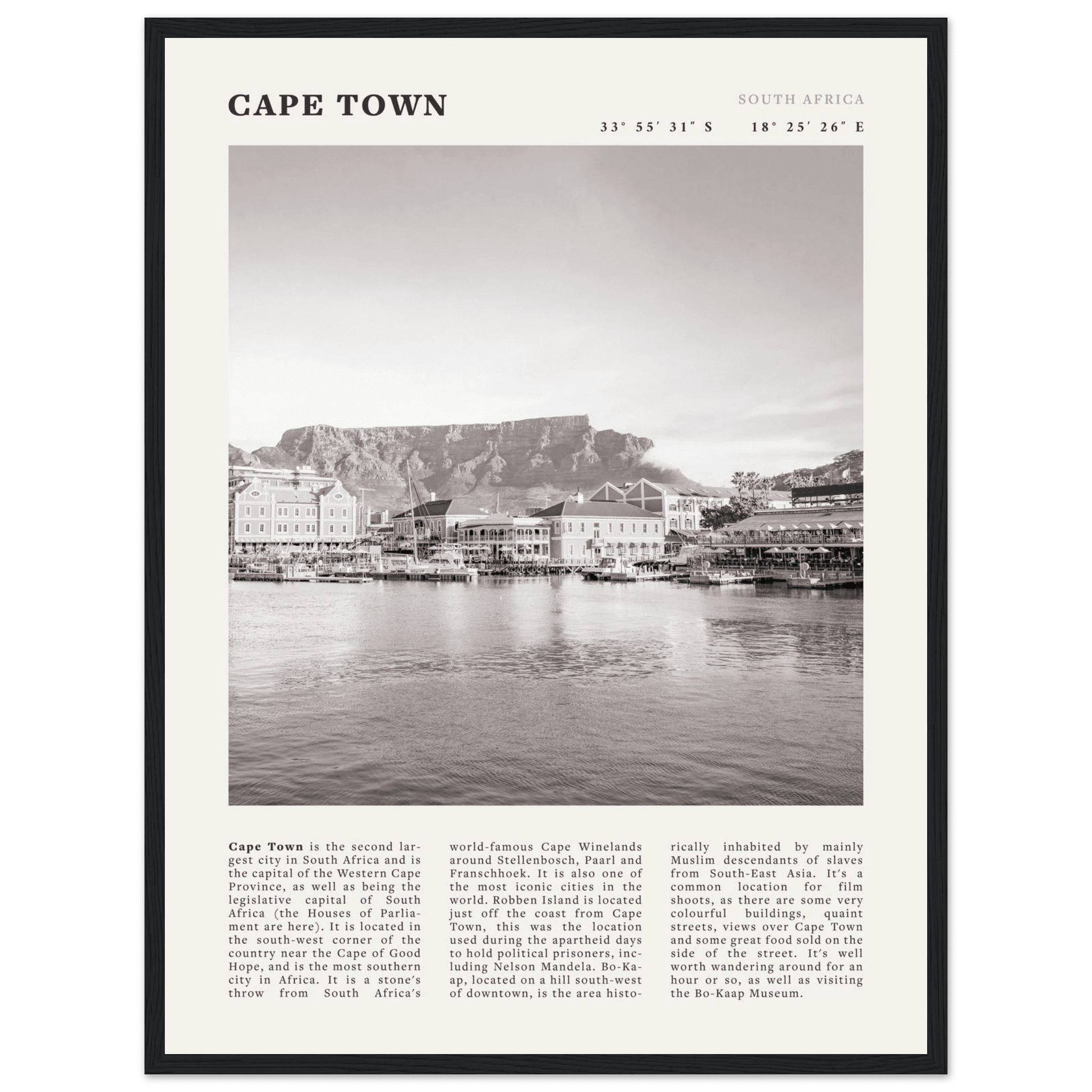 Cape Town Poster | Black & White Table Mountain Wall Art | South Africa Travel Print - Evergreen Posters