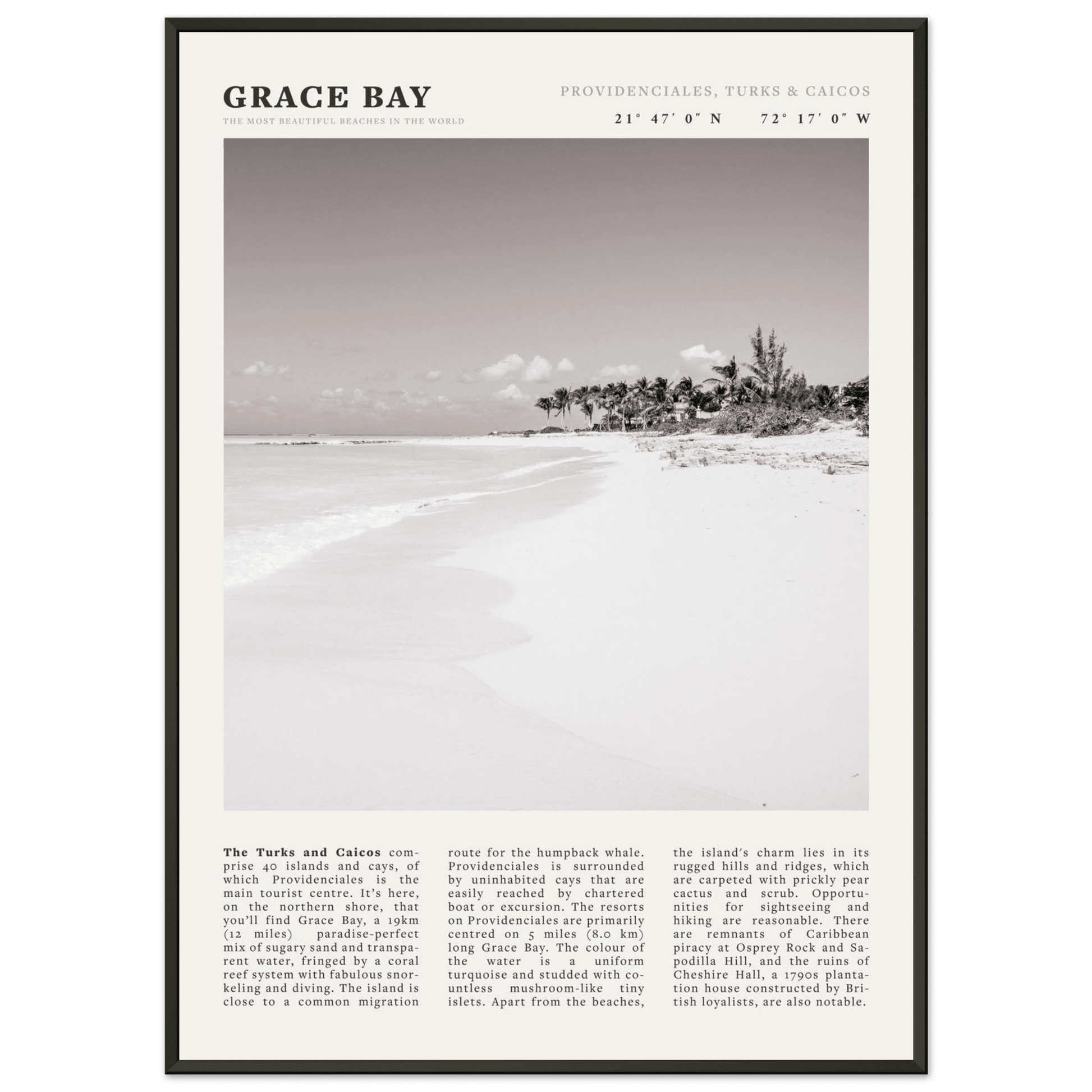 Grace Bay Poster | Black & White Turks & Caicos Wall Art | Caribbean Beach Print - Evergreen Posters