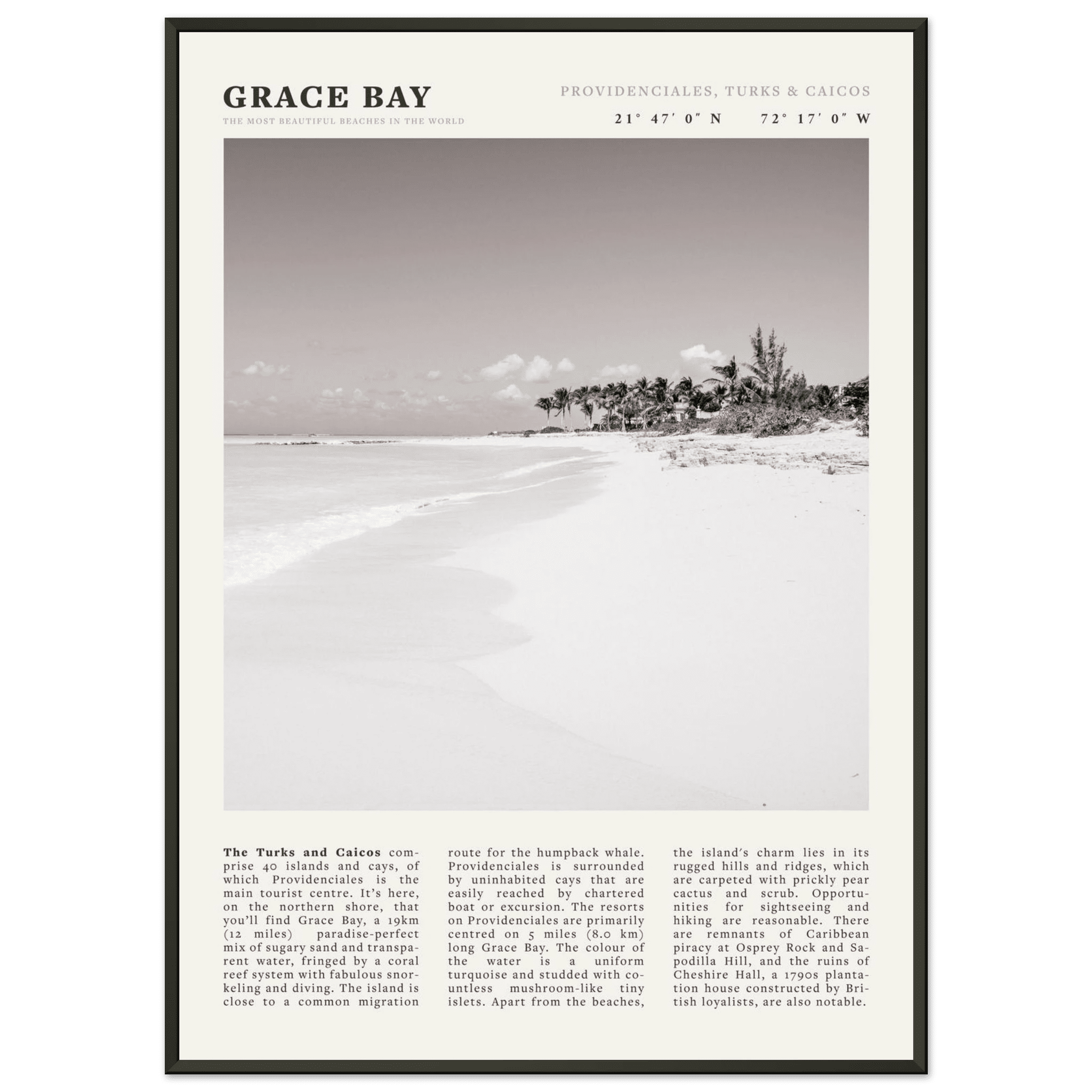 Grace Bay Poster | Black & White Turks & Caicos Wall Art | Caribbean Beach Print - Evergreen Posters