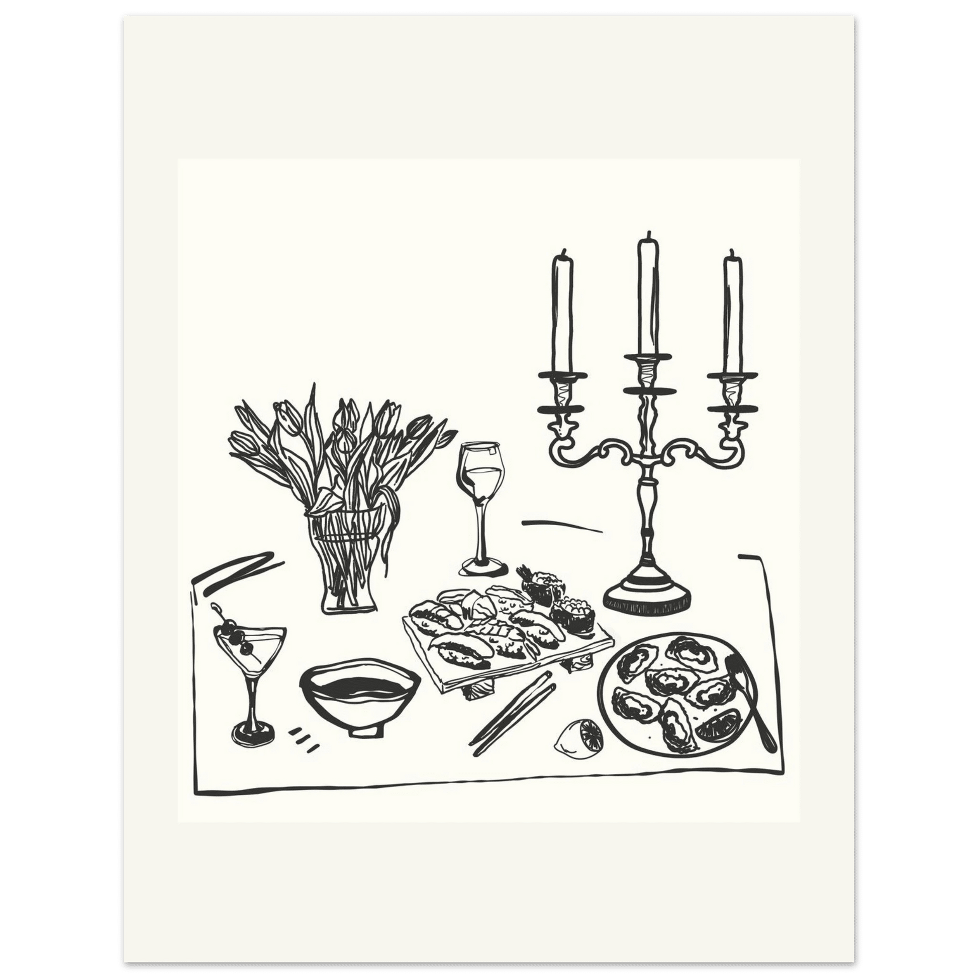 Fine Dining Table Print | Black Line Art Kitchen Wall Art | Elegant Dining Room Poster - Evergreen Posters