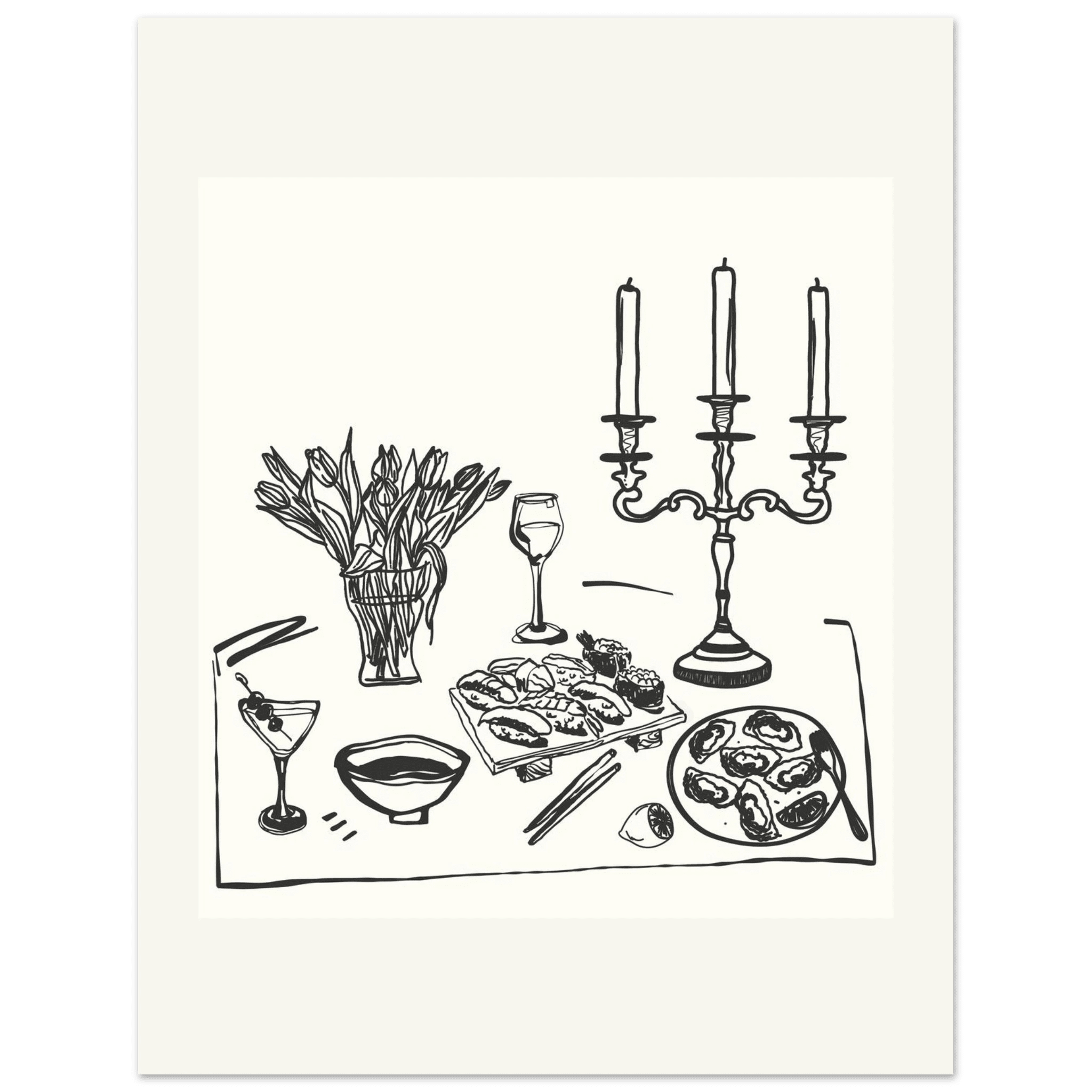 Fine Dining Table Print | Black Line Art Kitchen Wall Art | Elegant Dining Room Poster - Evergreen Posters