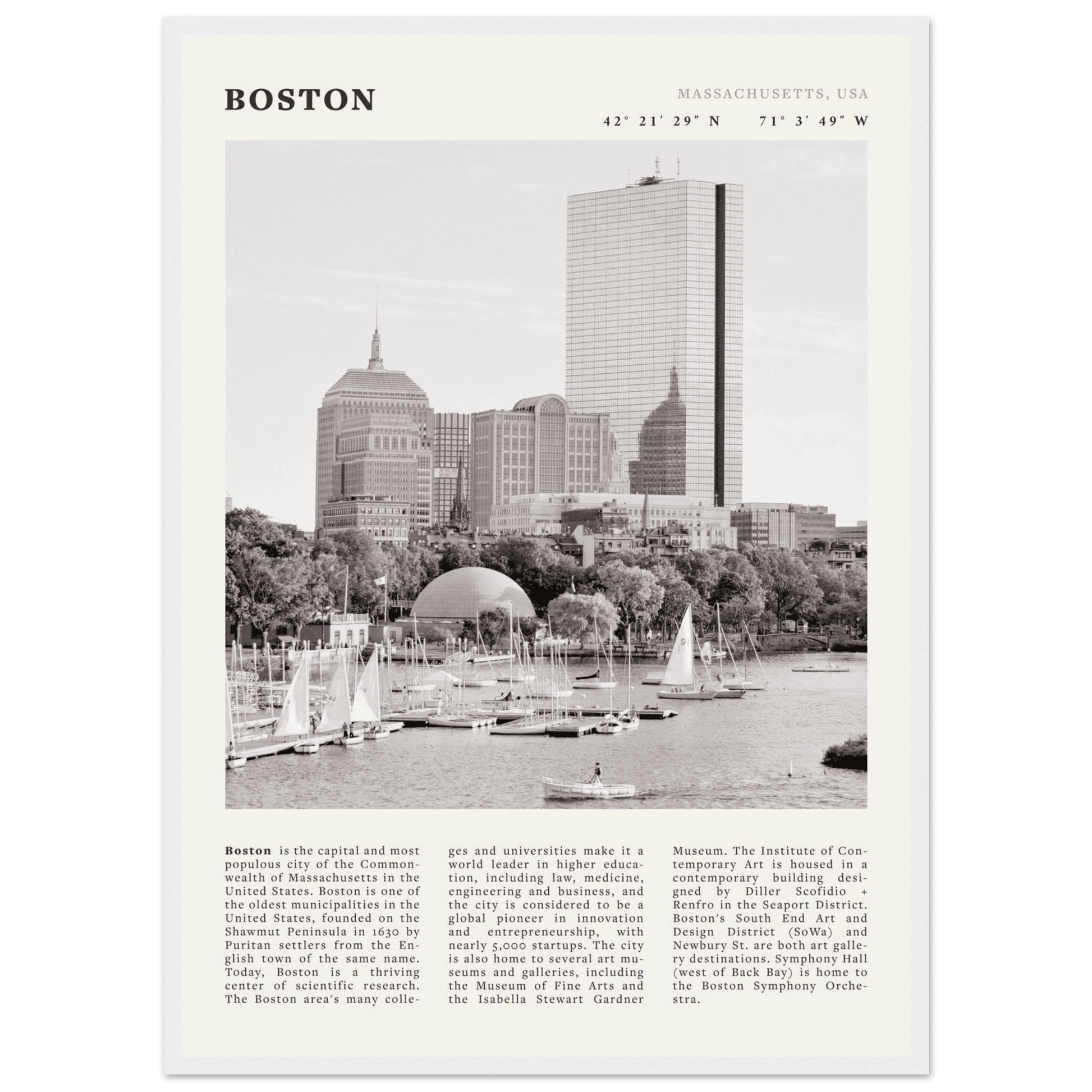 Boston Poster | Black & White Charles River Skyline Wall Art | Massachusetts Print - Evergreen Posters