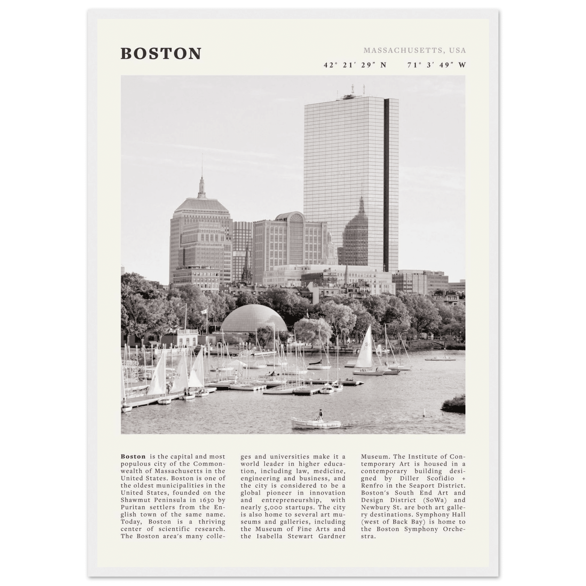 Boston Poster | Black & White Charles River Skyline Wall Art | Massachusetts Print - Evergreen Posters