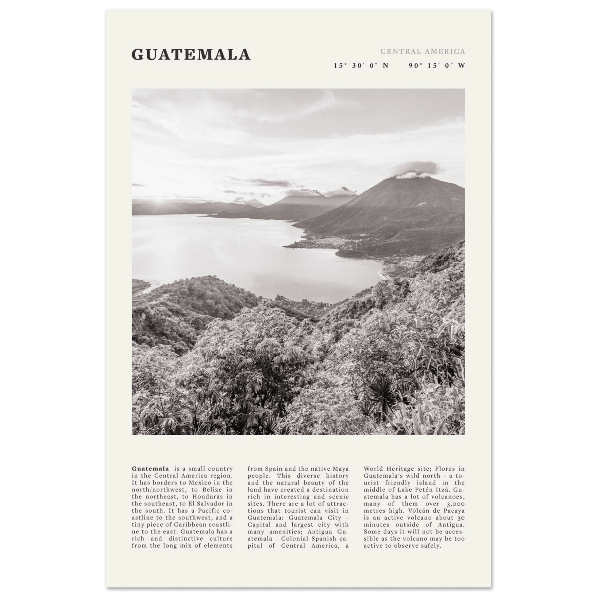 Guatemala Poster | Black & White Lake Atitlan Wall Art | Central America Travel Print - Evergreen Posters