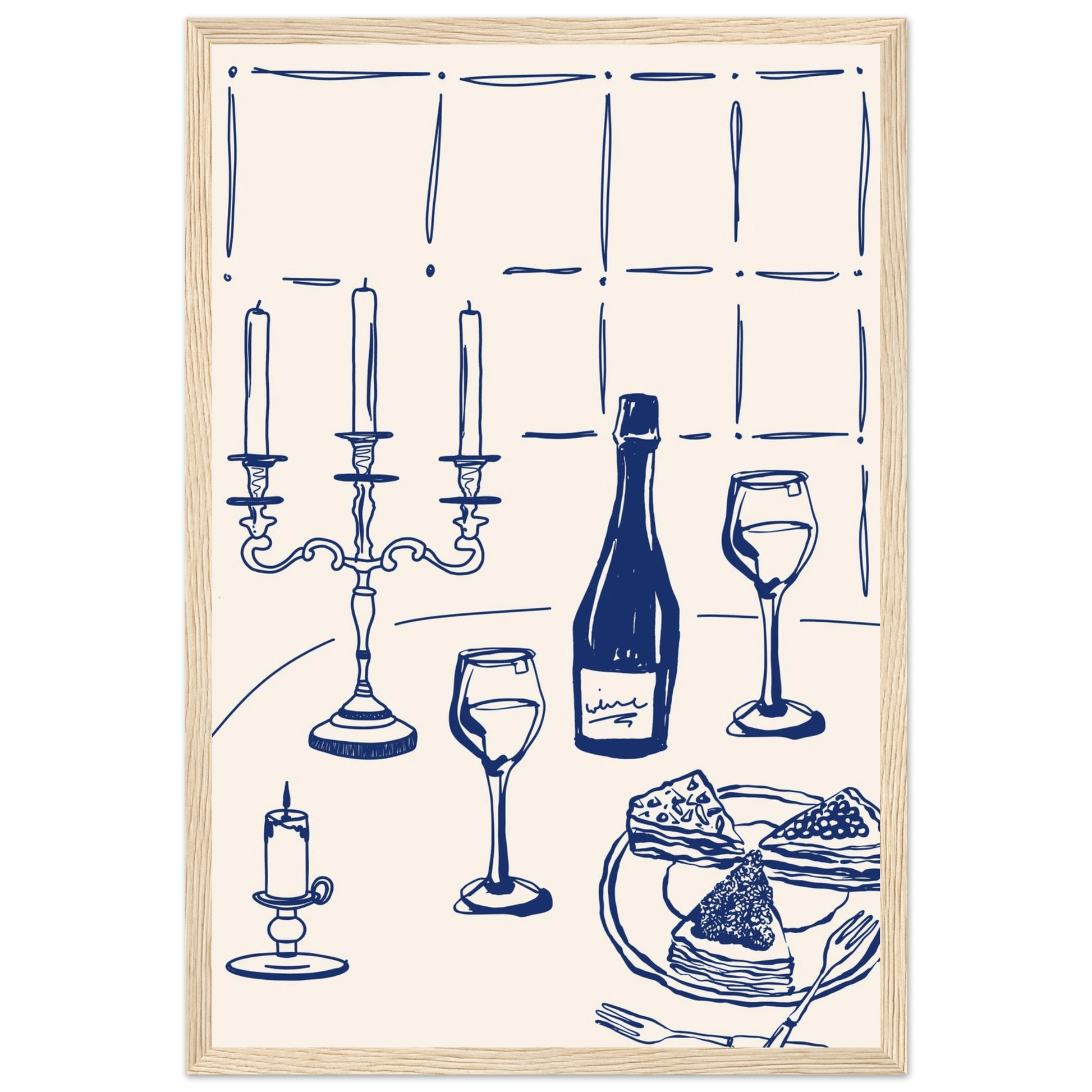 Candlelight Dinner Print | Navy Blue Wine & Candelabra Line Art | Kitchen Poster - Evergreen Posters