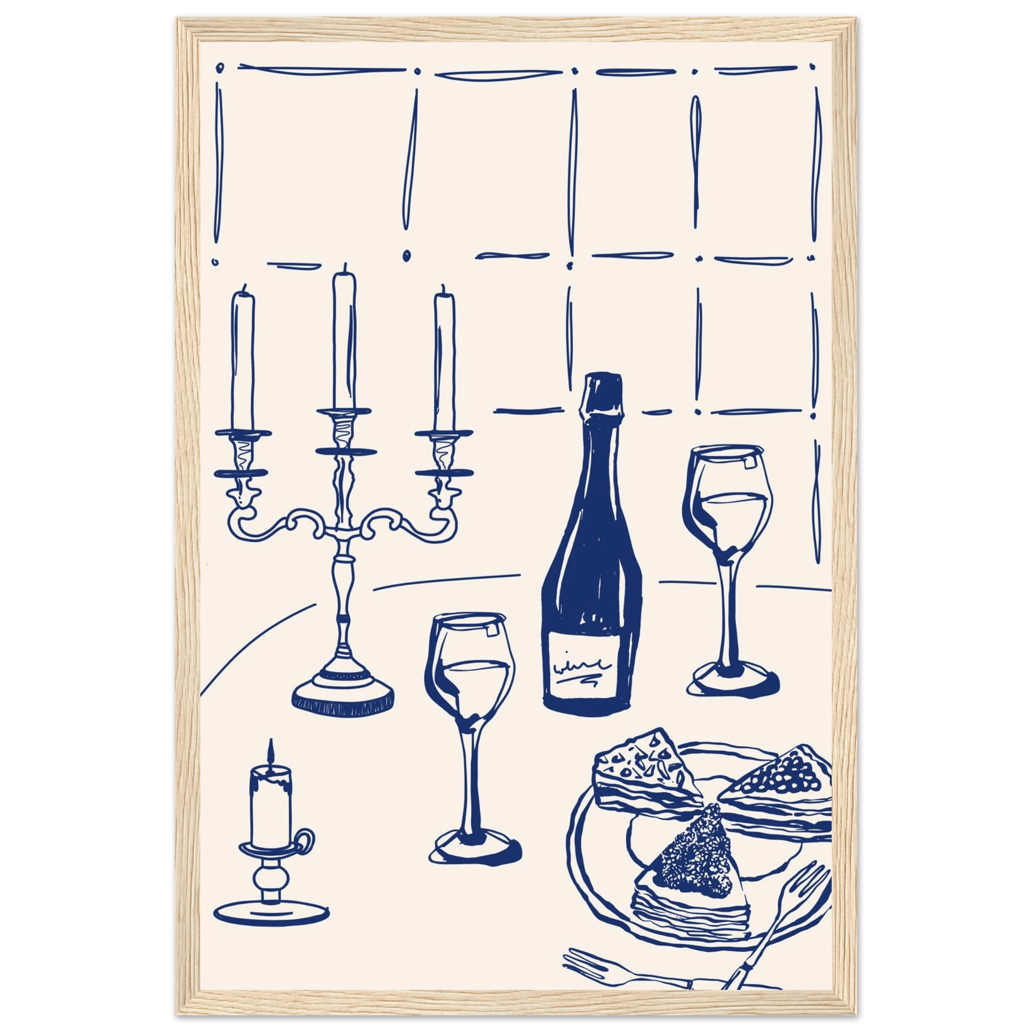 Candlelight Dinner Print | Navy Blue Wine & Candelabra Line Art | Kitchen Poster - Evergreen Posters