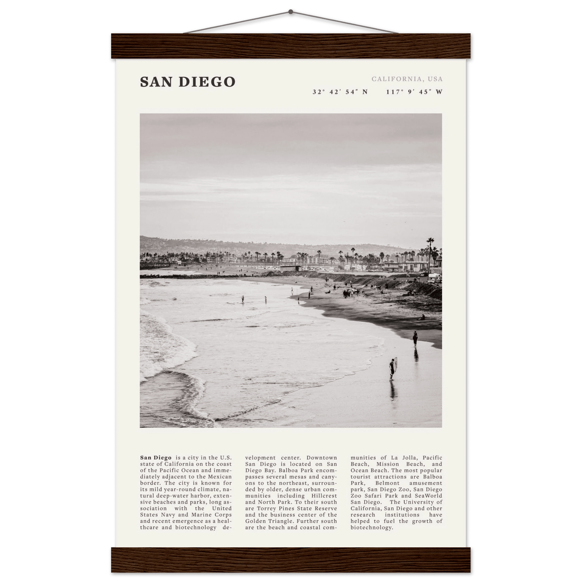 San Diego Poster | Black & White California Beach Wall Art | Coastal Travel Print Decor - Evergreen Posters