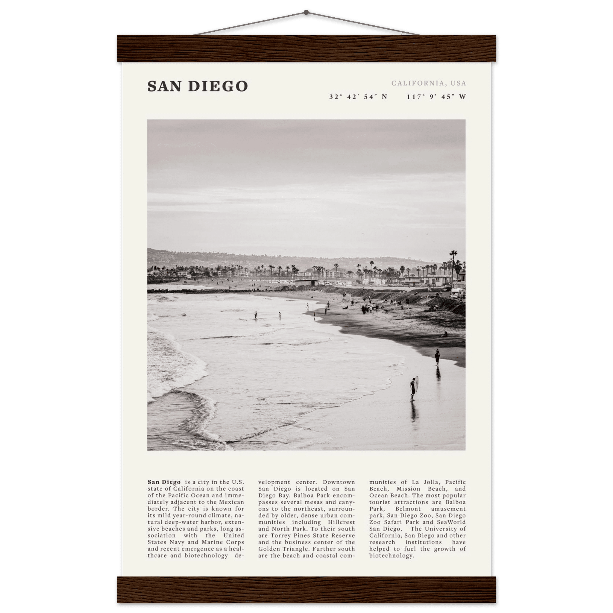 San Diego Poster | Black & White California Beach Wall Art | Coastal Travel Print Decor - Evergreen Posters