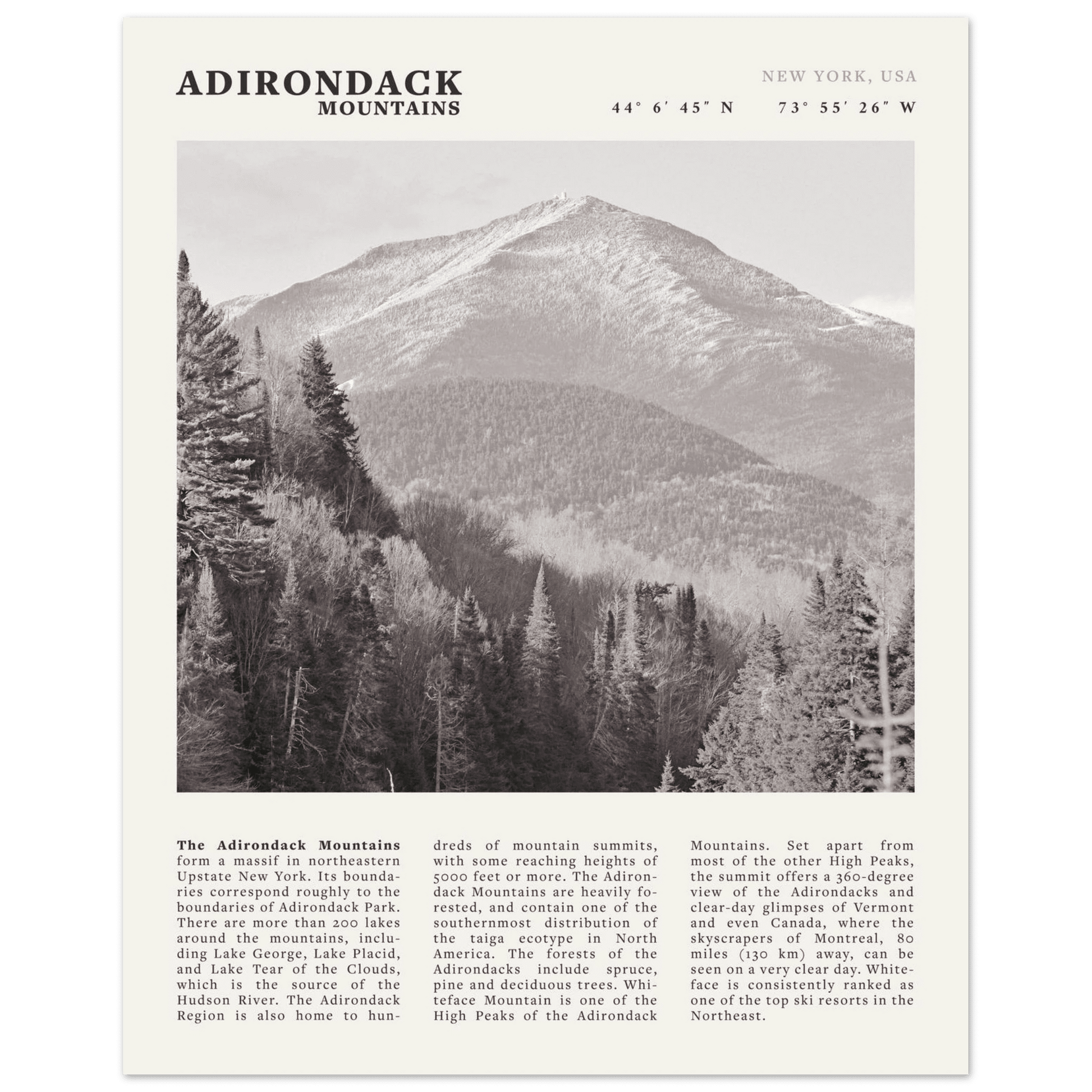 Adirondack Mountains Poster | Black & White New York Nature Wall Art | Hiking Print - Evergreen Posters