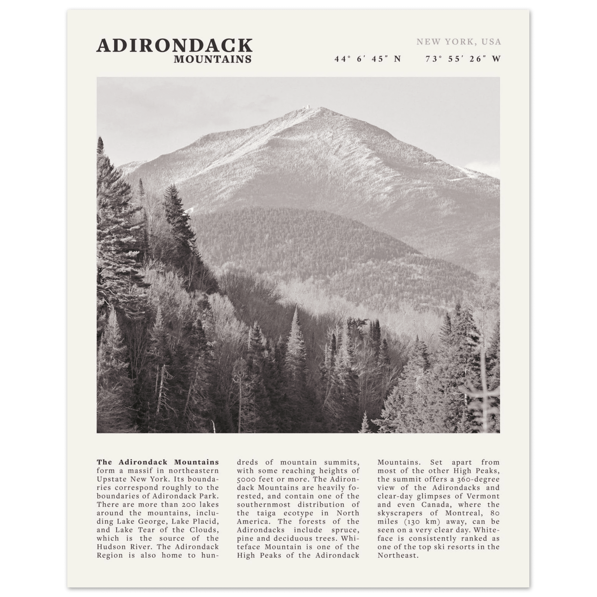 Adirondack Mountains Poster | Black & White New York Nature Wall Art | Hiking Print - Evergreen Posters