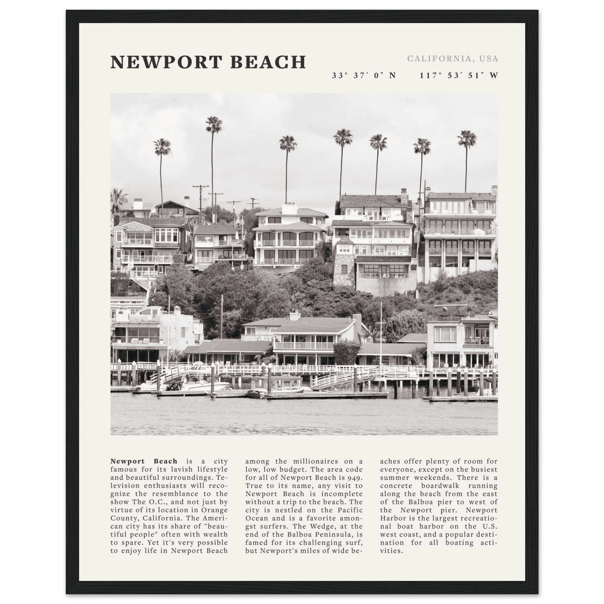 Newport Beach Poster | Black & White California Harbor Wall Art | Coastal Print - Evergreen Posters