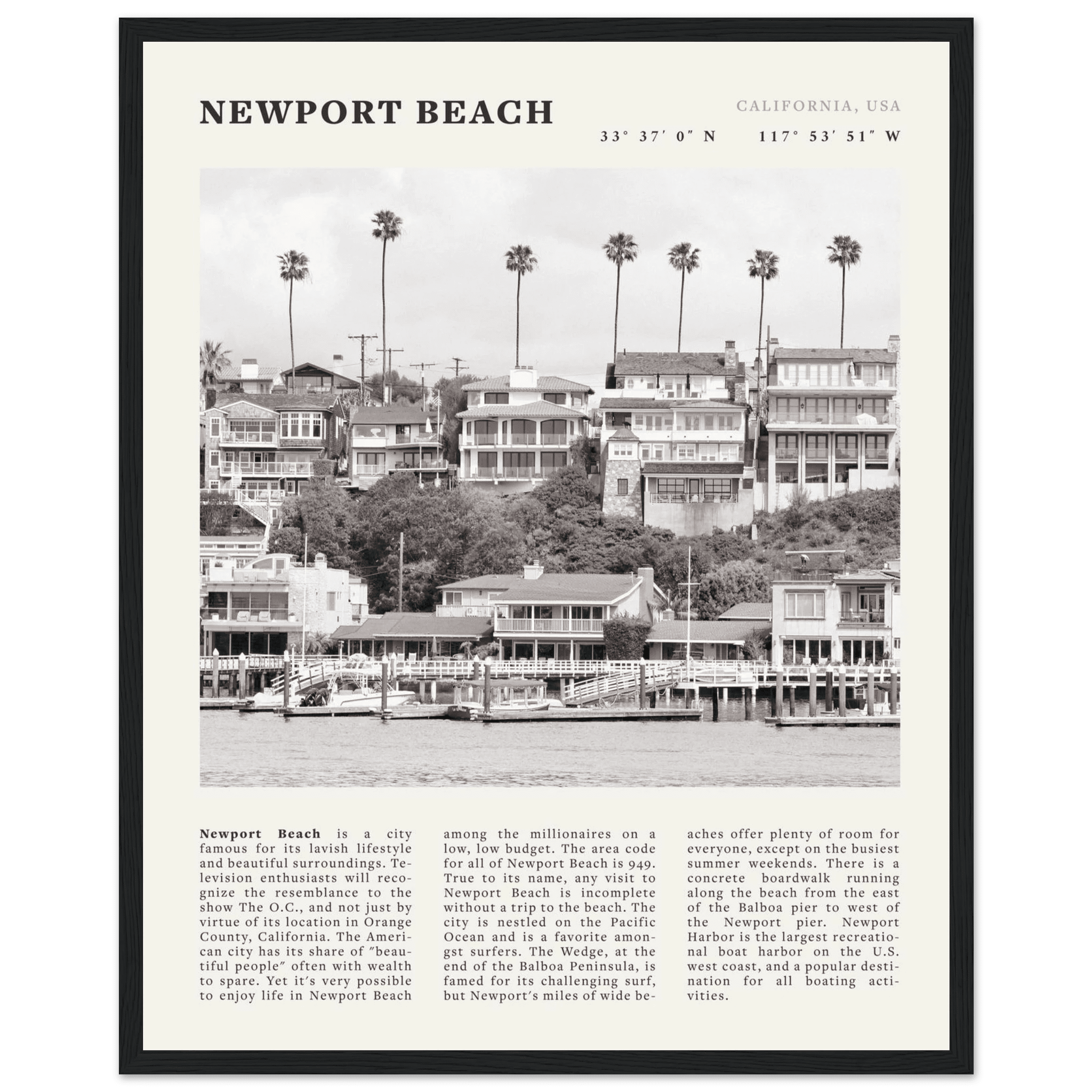Newport Beach Poster | Black & White California Harbor Wall Art | Coastal Print - Evergreen Posters