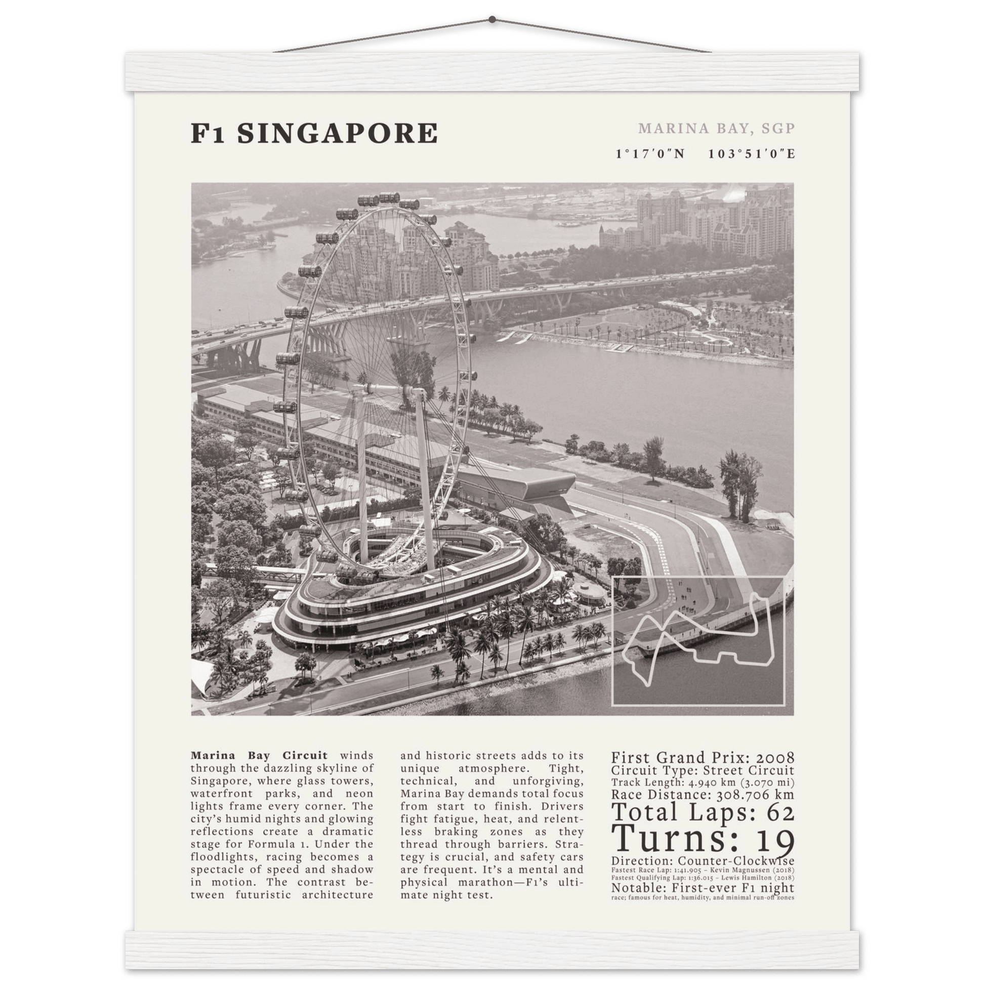 F1 Singapore Poster Black and White – Vintage Marina Bay Night Race Print (Digital & Printed Options) - Evergreen Posters