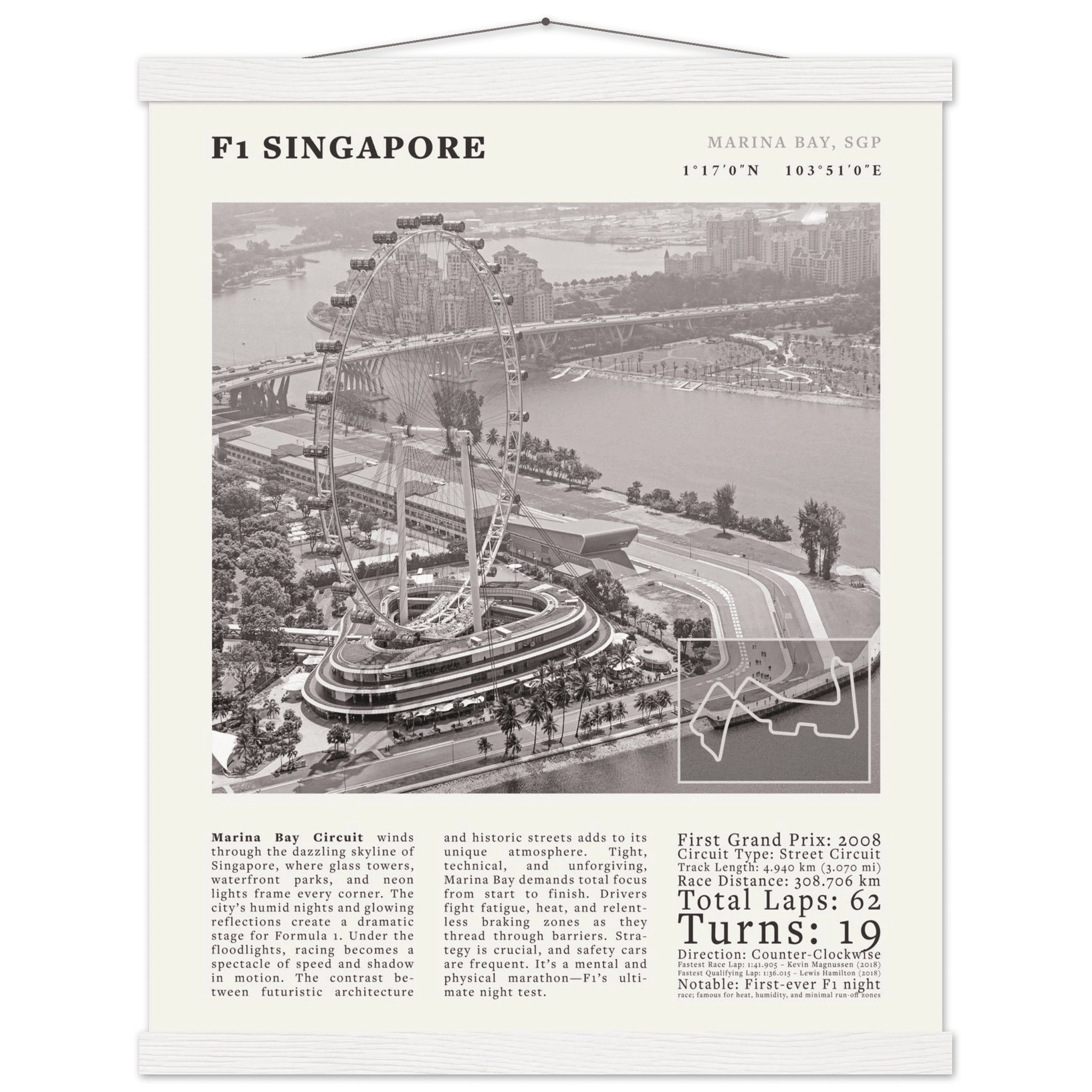 F1 Singapore Poster Black and White – Vintage Marina Bay Night Race Print (Digital & Printed Options) - Evergreen Posters