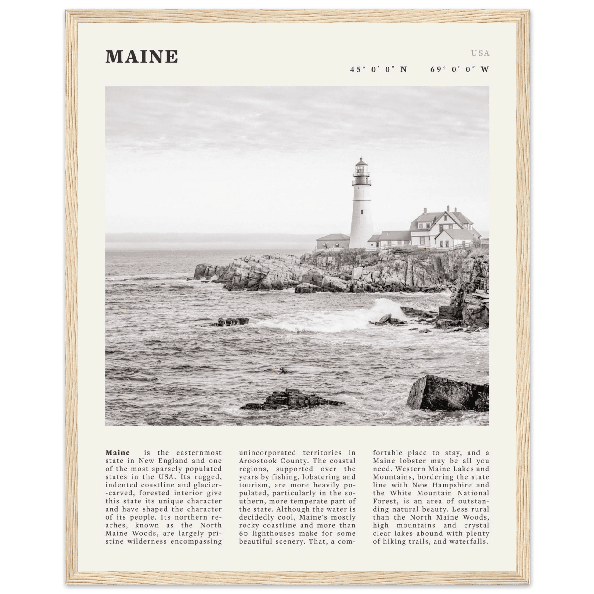 Maine Poster | Black & White Lighthouse Wall Art | New England Coastal Travel Print - Evergreen Posters