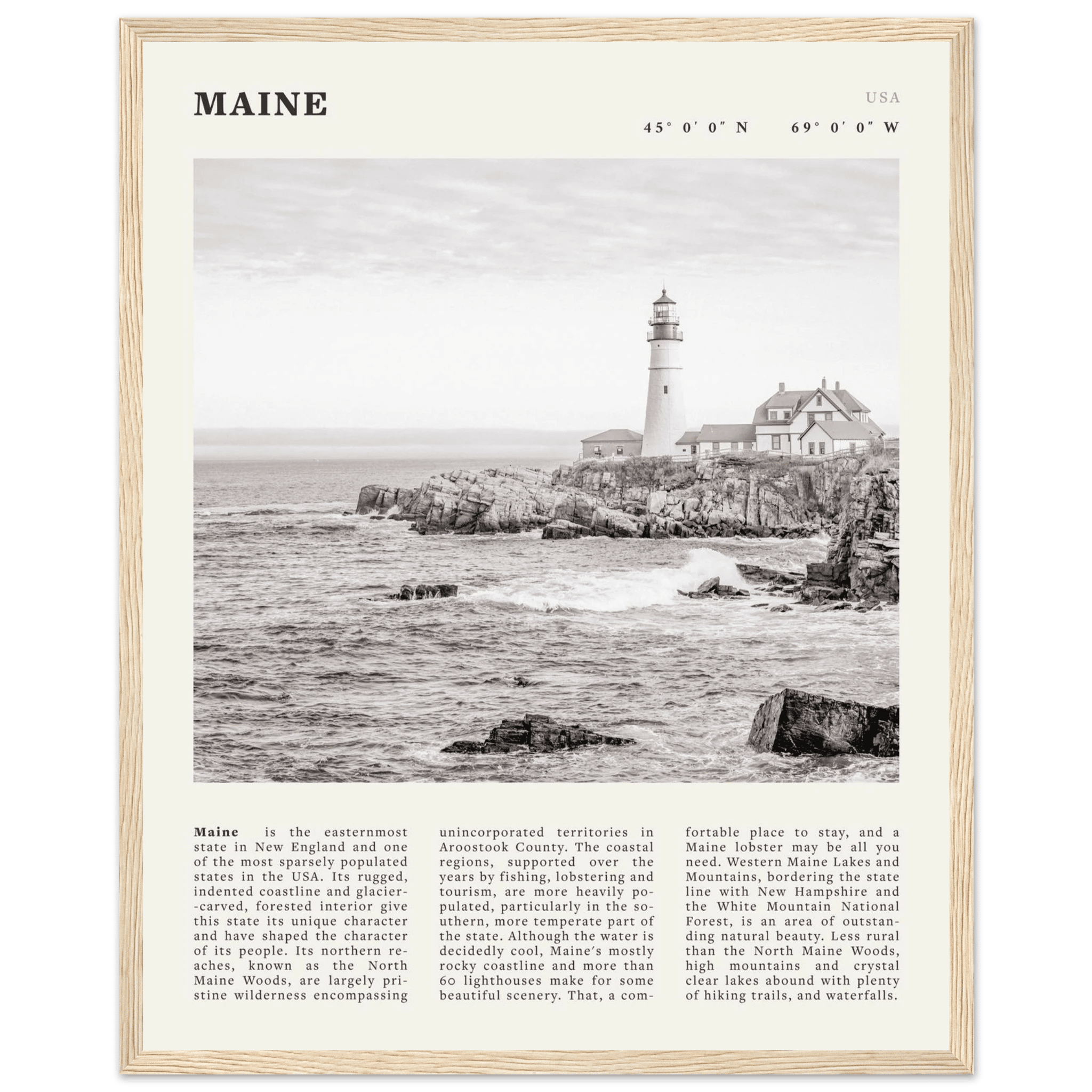 Maine Poster | Black & White Lighthouse Wall Art | New England Coastal Travel Print - Evergreen Posters