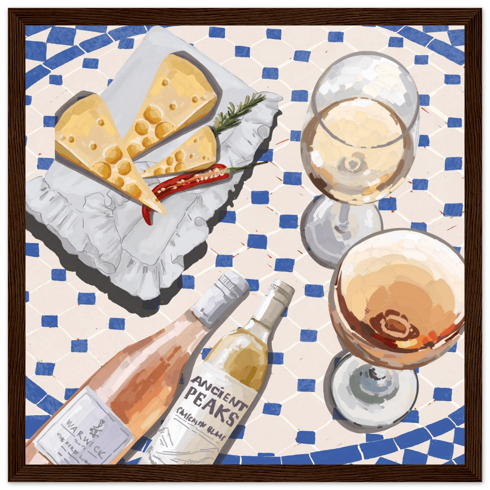 Wine & Cheese Poster | Food Wall Art | Blue Tile Square Kitchen Print - Evergreen Posters - 4