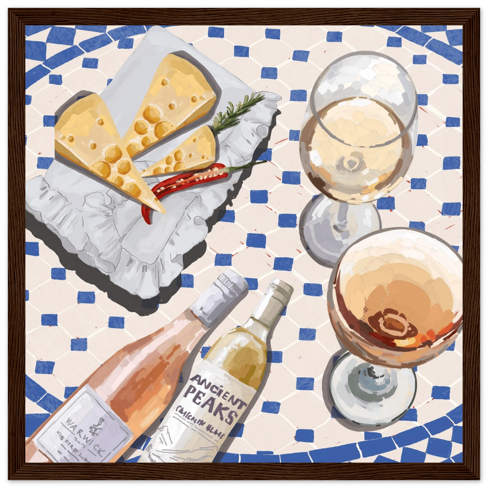 Wine & Cheese Poster | Food Wall Art | Blue Tile Square Kitchen Print - Evergreen Posters - 4