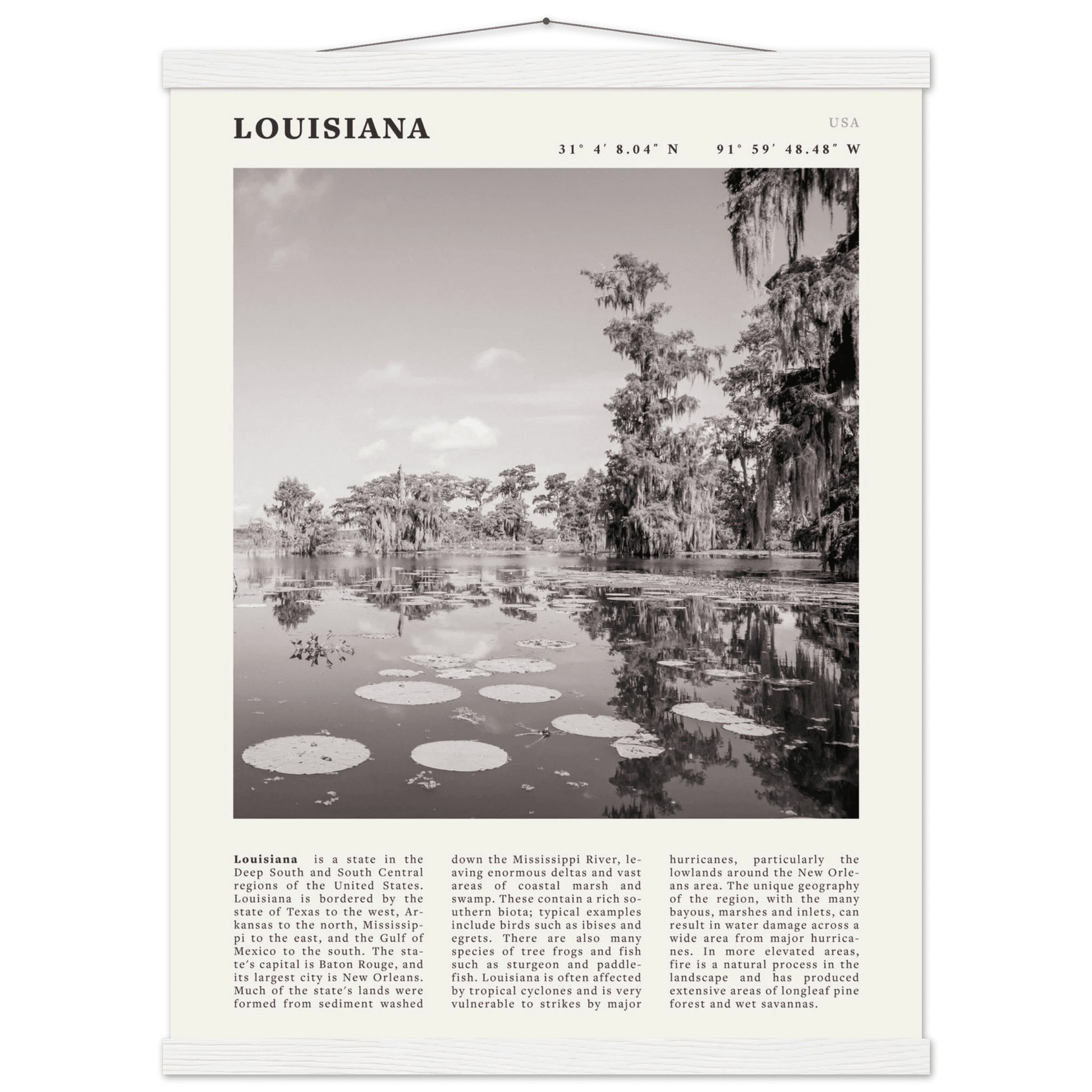 Louisiana Poster | Black & White Bayou Wall Art | Southern USA Travel Print Decor - Evergreen Posters
