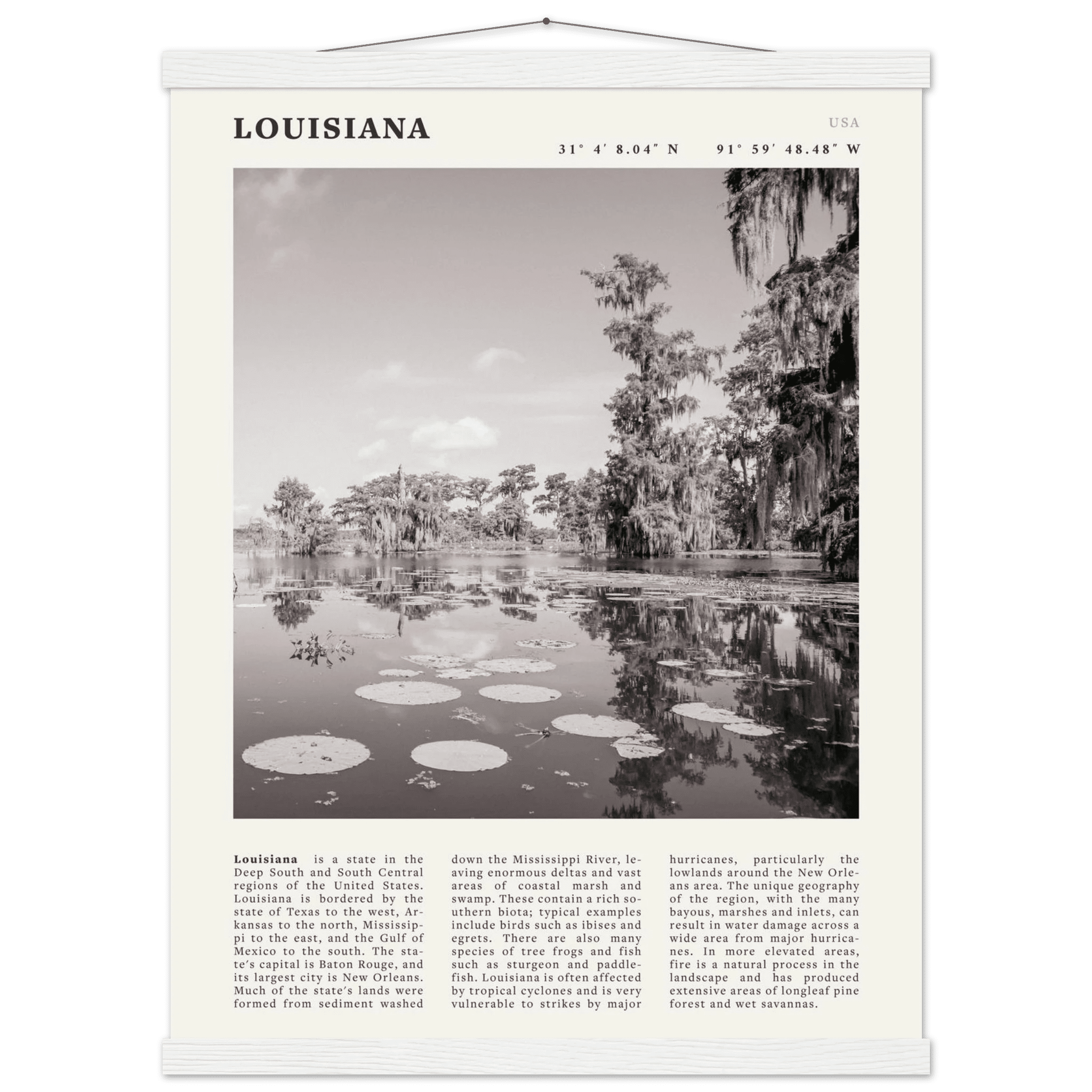 Louisiana Poster | Black & White Bayou Wall Art | Southern USA Travel Print Decor - Evergreen Posters