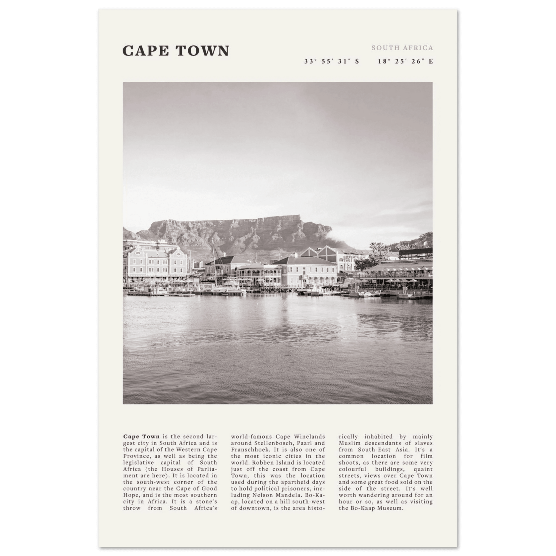 Cape Town Poster | Black & White Table Mountain Wall Art | South Africa Travel Print - Evergreen Posters
