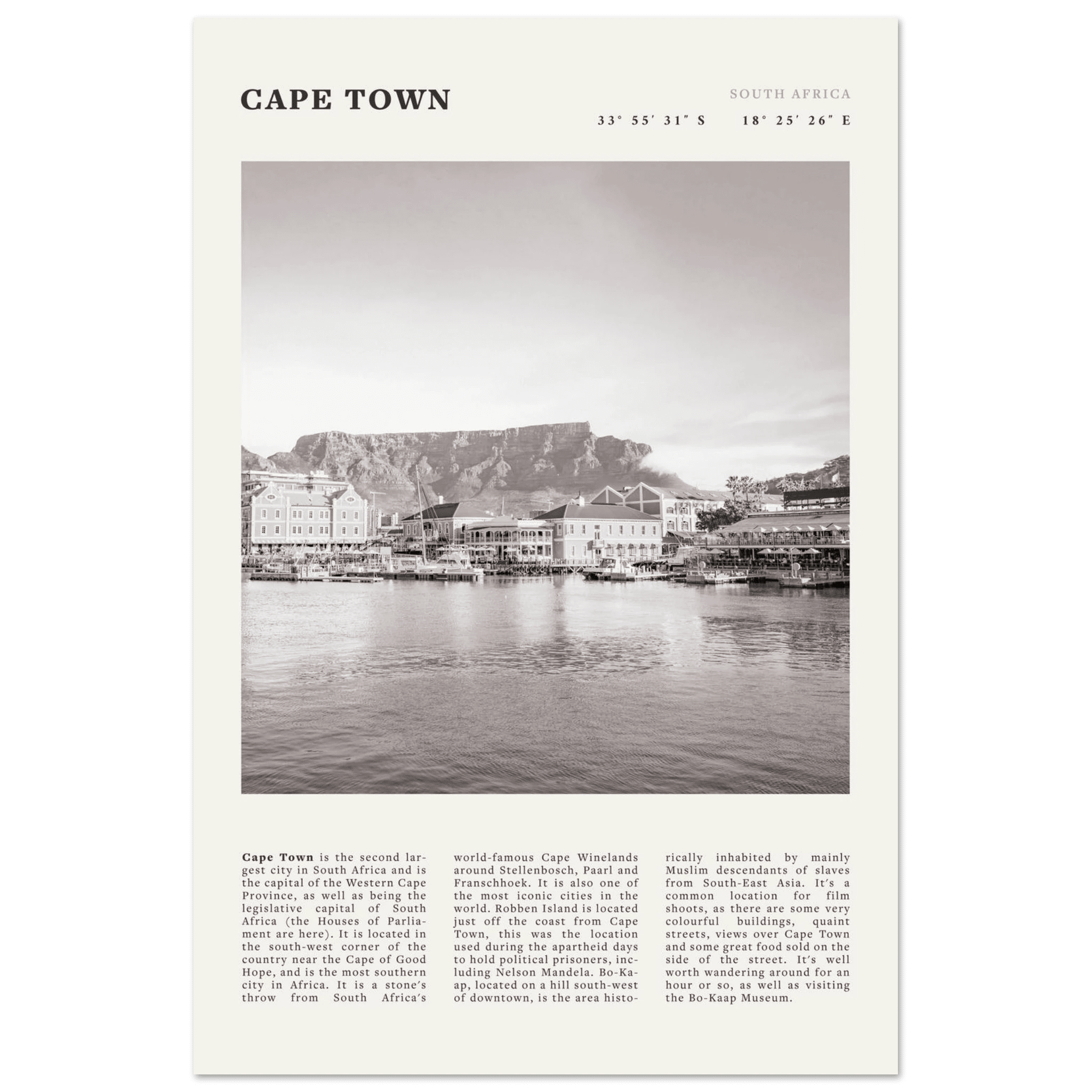 Cape Town Poster | Black & White Table Mountain Wall Art | South Africa Travel Print - Evergreen Posters