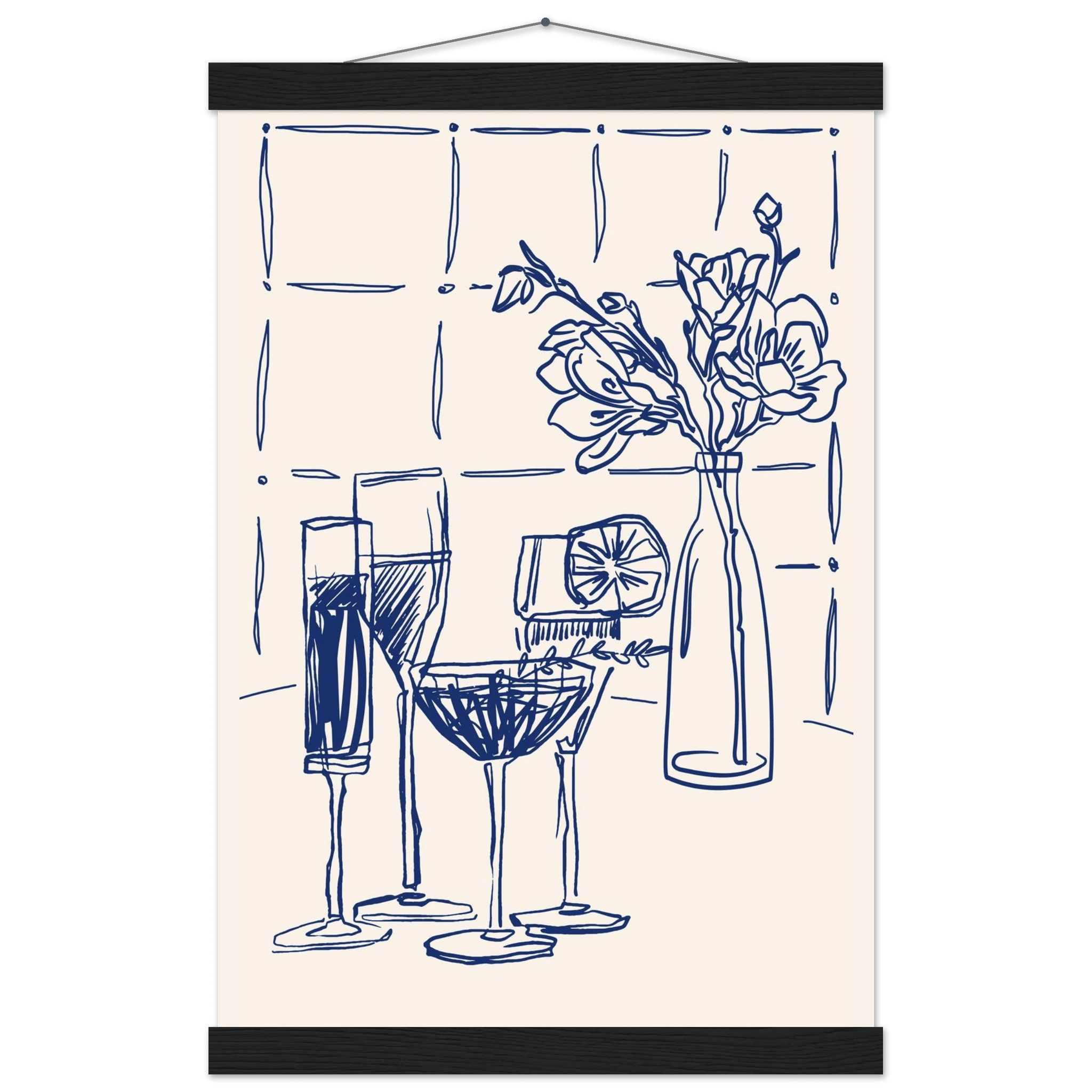 Cocktails & Flowers Print | Navy Blue Line Art Drinks Wall Art | Kitchen Bar Poster - Evergreen Posters
