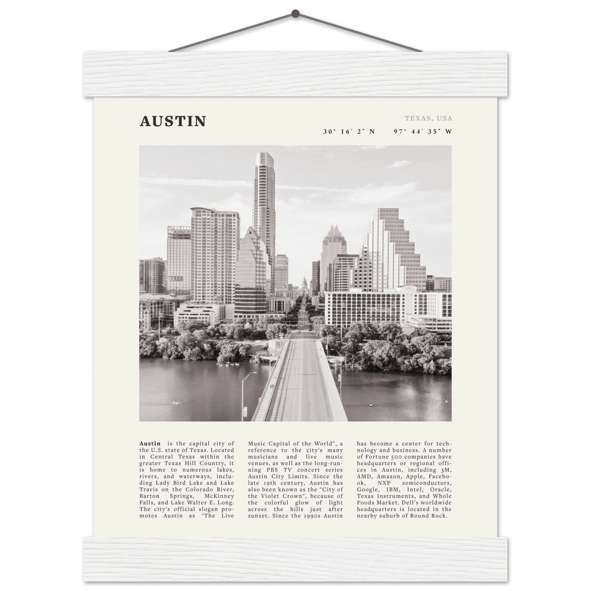 Austin Poster | Black & White Texas Skyline Wall Art | City Travel Print Decor - Evergreen Posters
