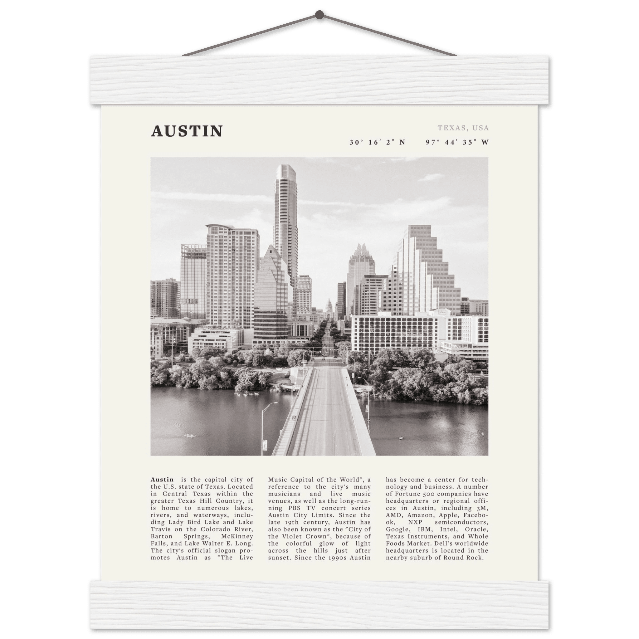 Austin Poster | Black & White Texas Skyline Wall Art | City Travel Print Decor - Evergreen Posters