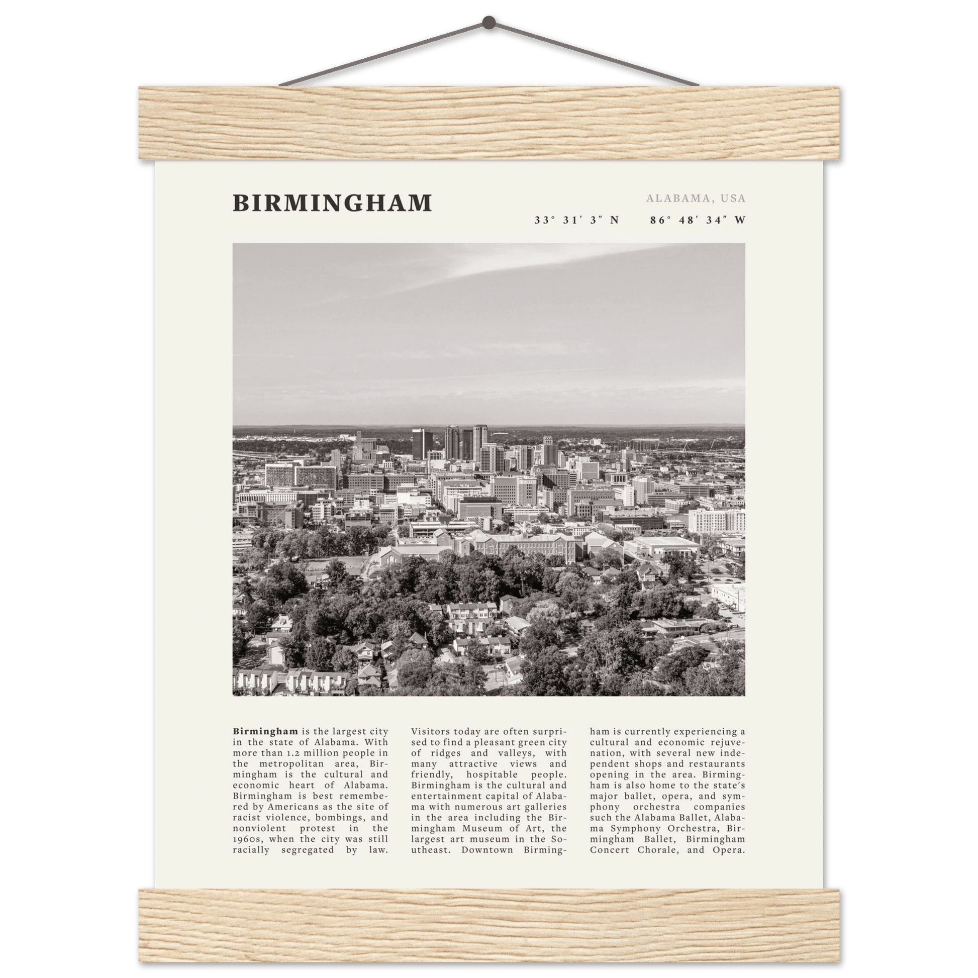 Birmingham Poster | Black & White Alabama Skyline Wall Art | AL Travel Print - Evergreen Posters