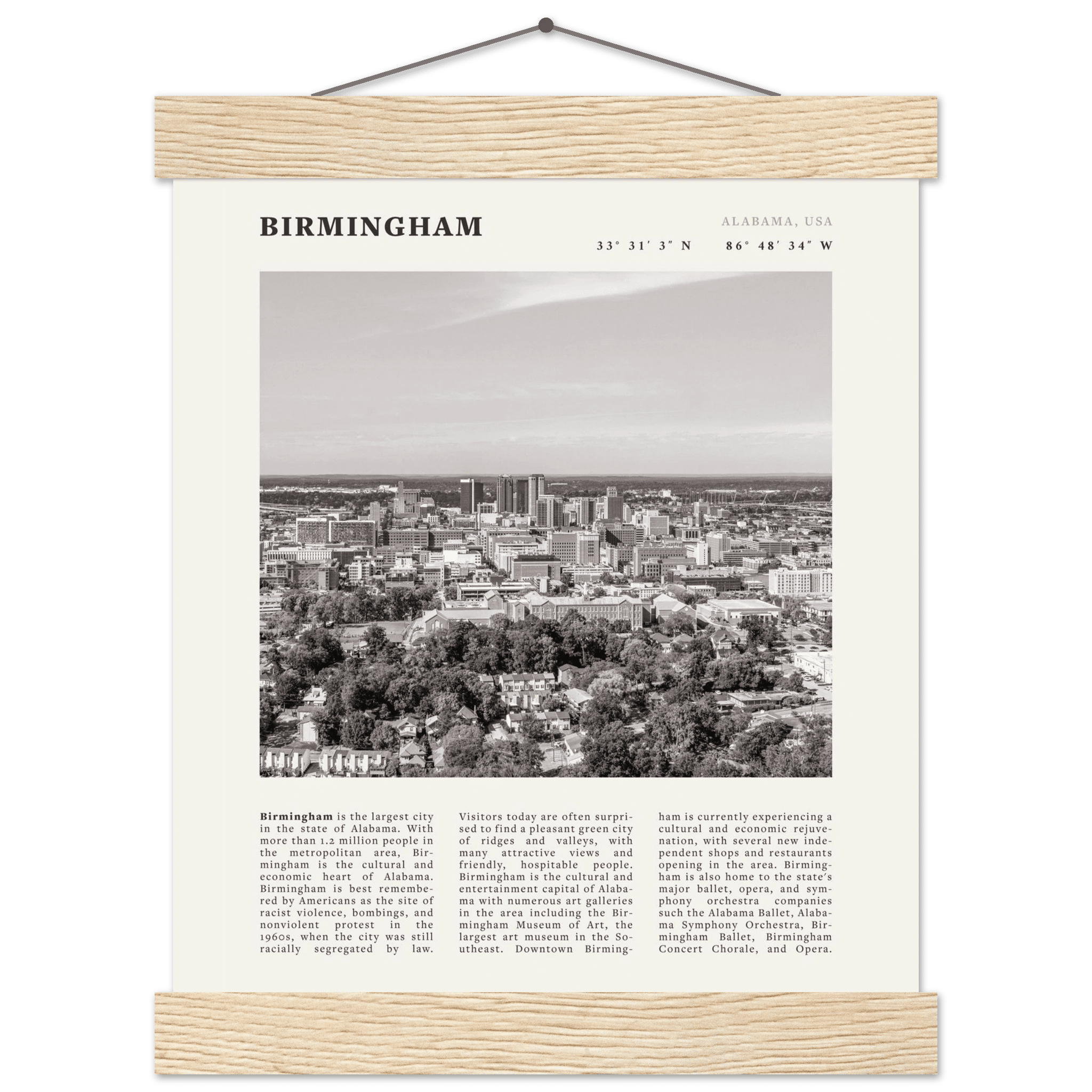 Birmingham Poster | Black & White Alabama Skyline Wall Art | AL Travel Print - Evergreen Posters