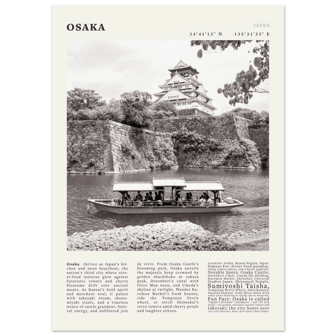 Osaka Poster Black and White – Vintage Osaka Castle Cherry Blossom Print (Digital & Printed Options) - Evergreen Posters
