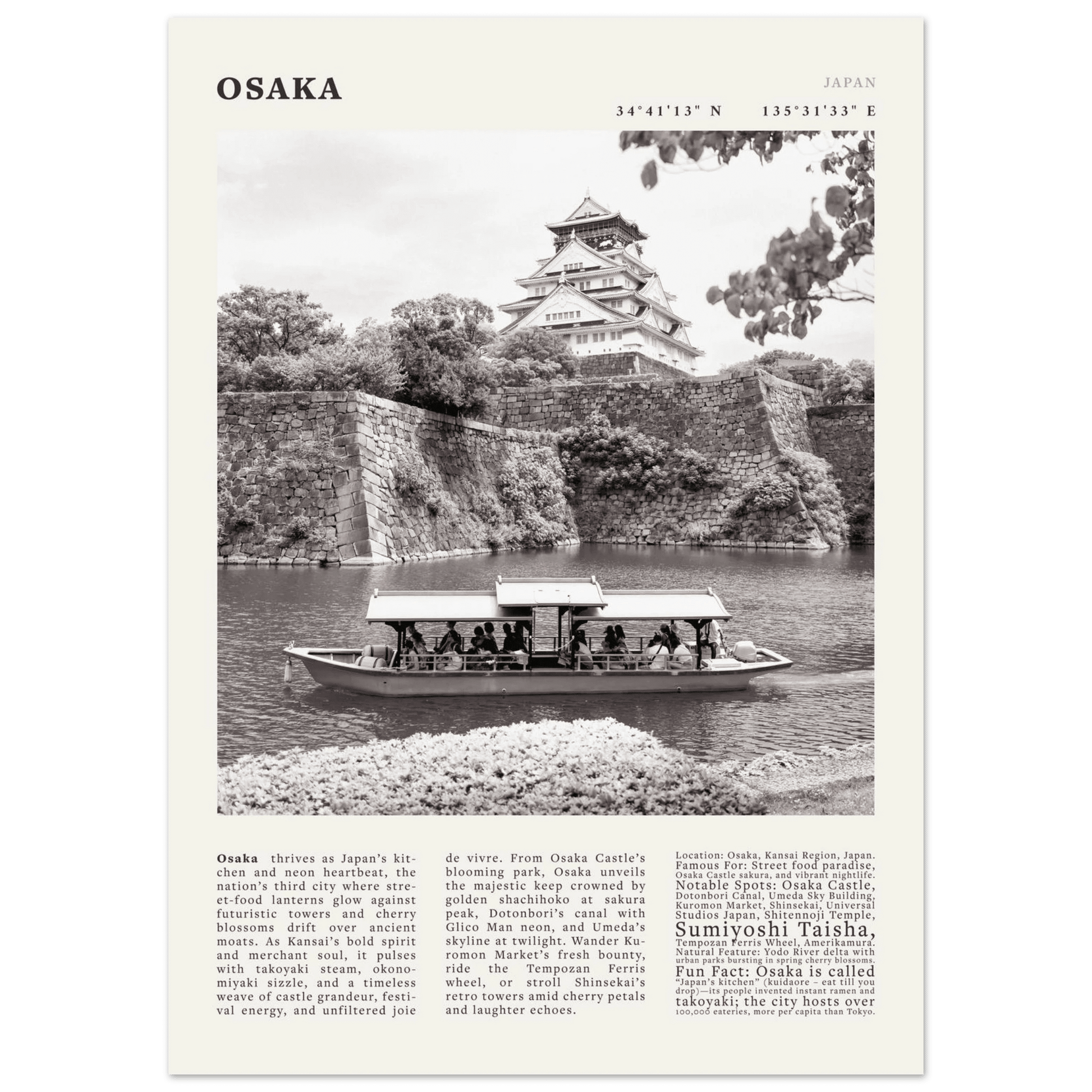 Osaka Poster Black and White – Vintage Osaka Castle Cherry Blossom Print (Digital & Printed Options) - Evergreen Posters