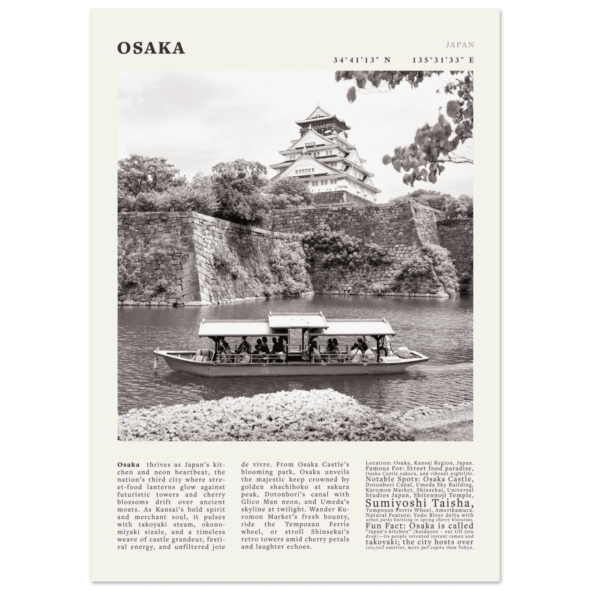 Osaka Poster Black and White – Vintage Osaka Castle Cherry Blossom Print (Digital & Printed Options) - Evergreen Posters