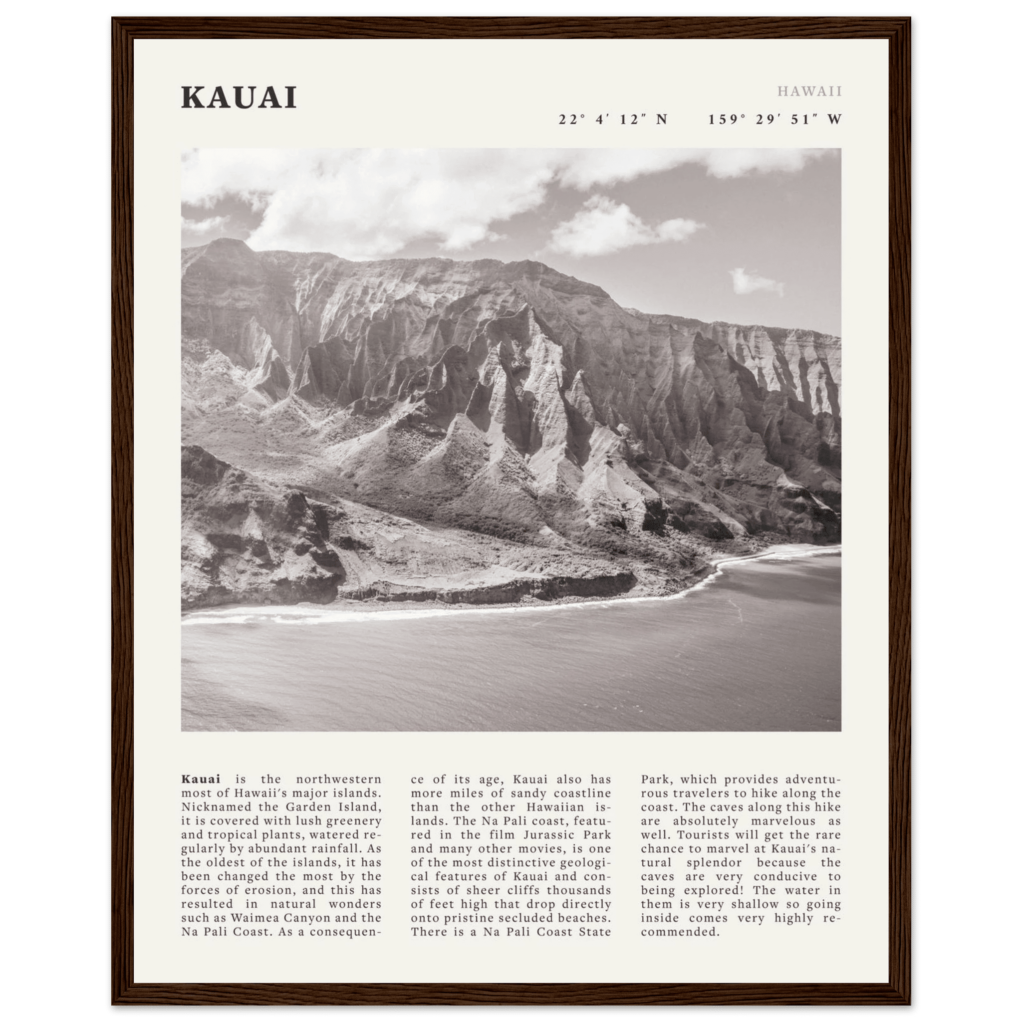 Kauai Poster | Black & White Na Pali Coast Wall Art | Hawaii Travel Print Decor - Evergreen Posters