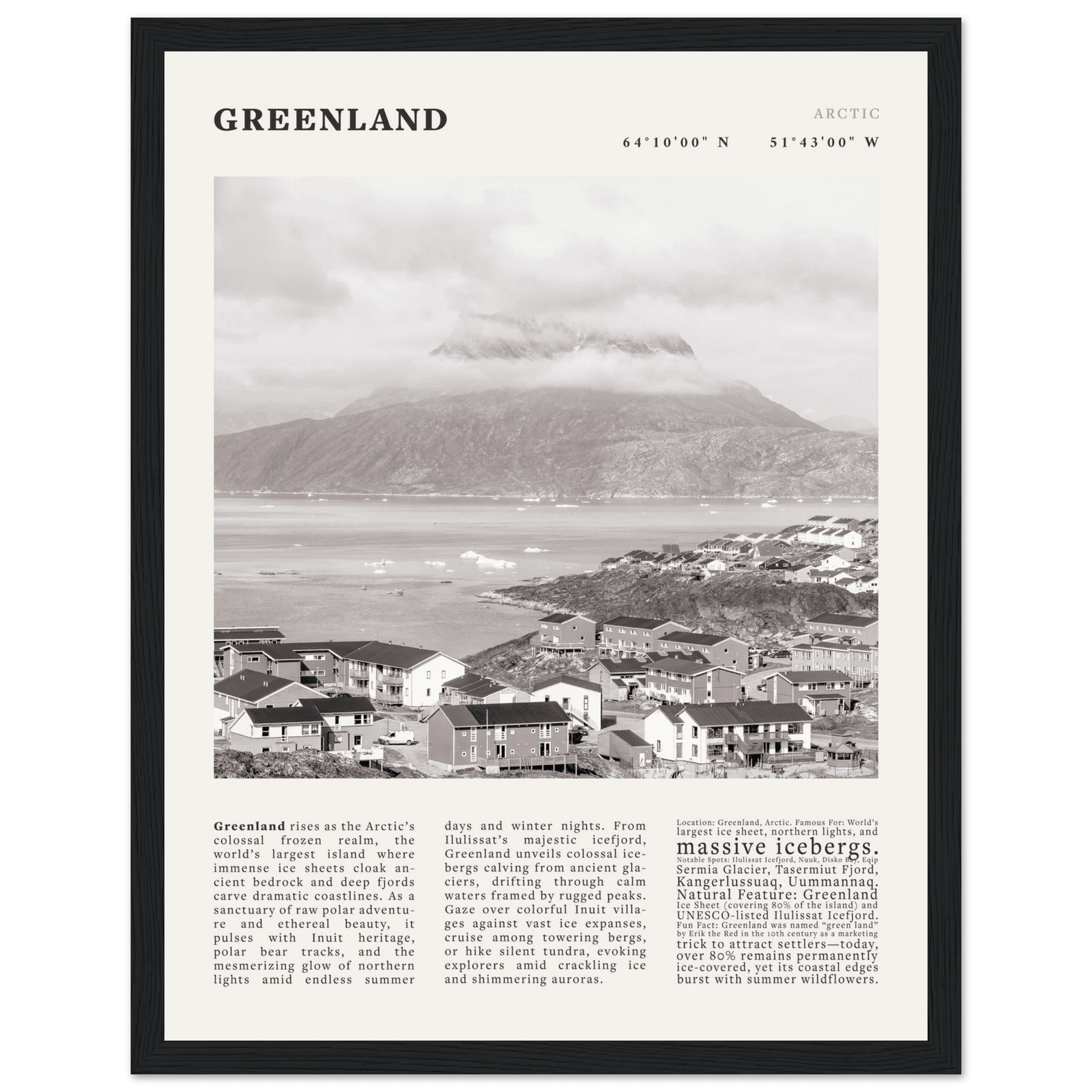 Greenland Poster Black and White – Vintage Arctic Fjord Landscape Print (Digital & Printed Options) - Evergreen Posters