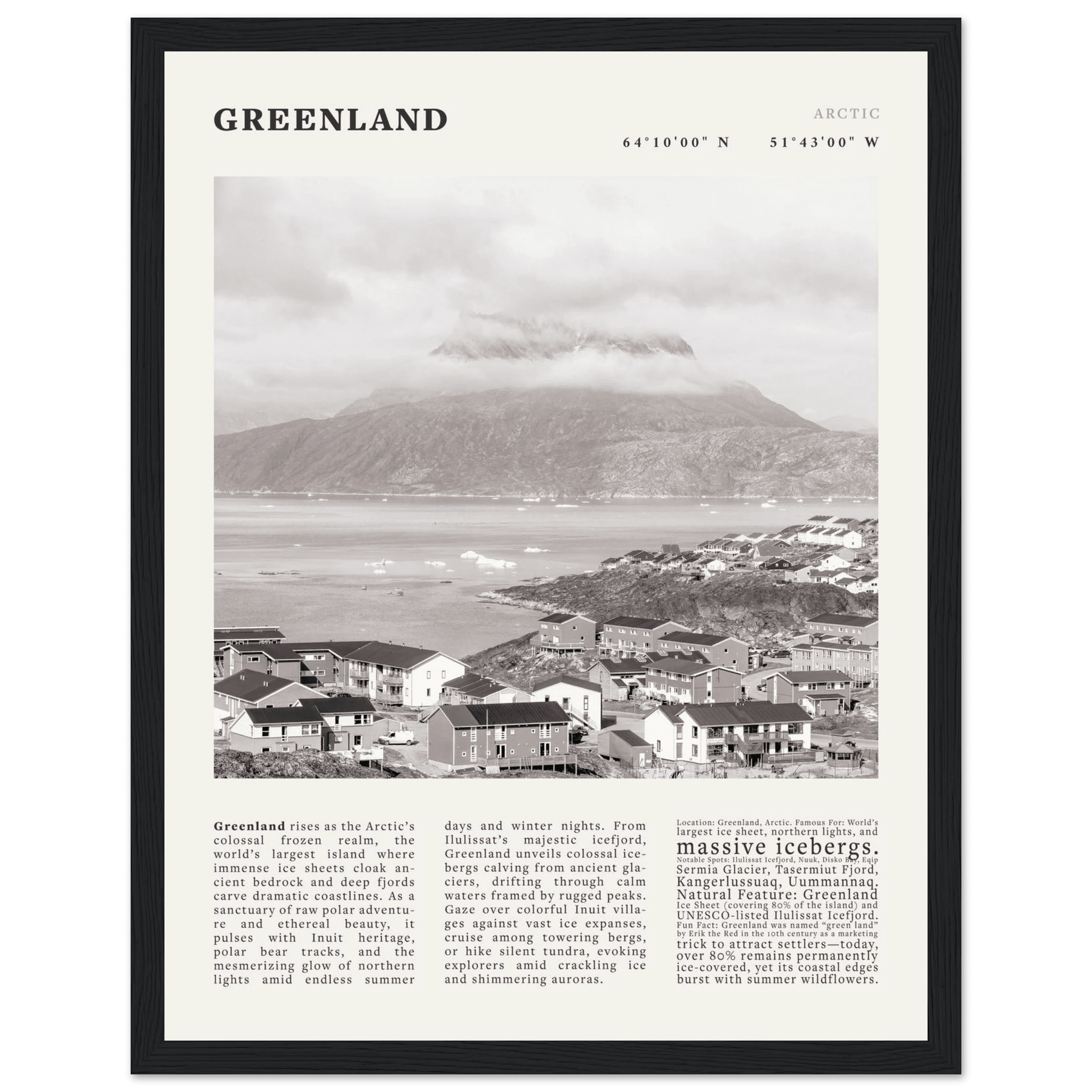 Greenland Poster Black and White – Vintage Arctic Fjord Landscape Print (Digital & Printed Options) - Evergreen Posters
